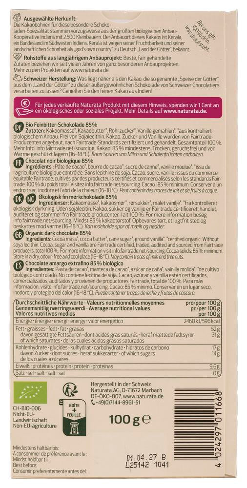 Indien Feinbitter Schokolade 85% Kakao 100 g