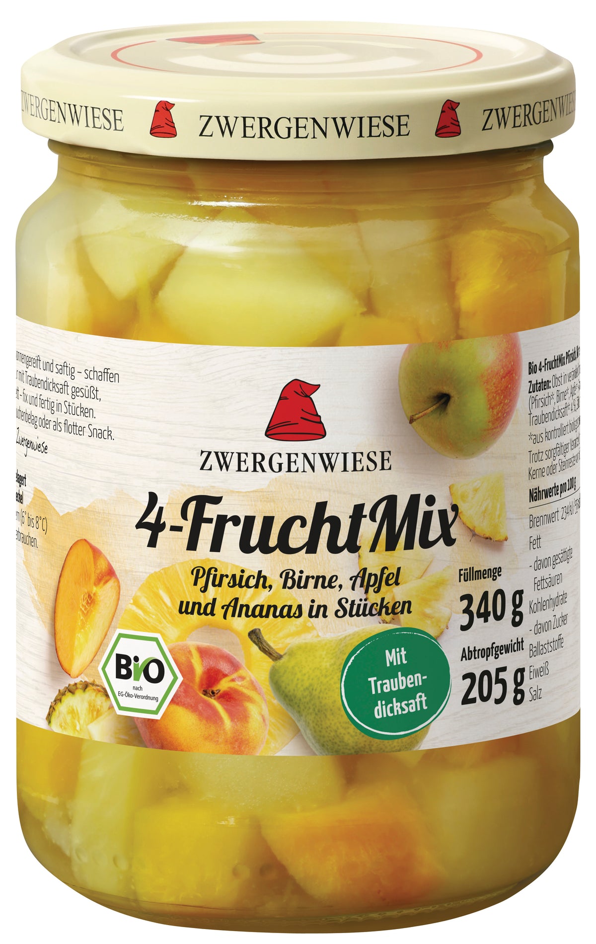 4-FruchtMix Pfirsich  Birne  Apfel  Ananas mit Tra 340 g