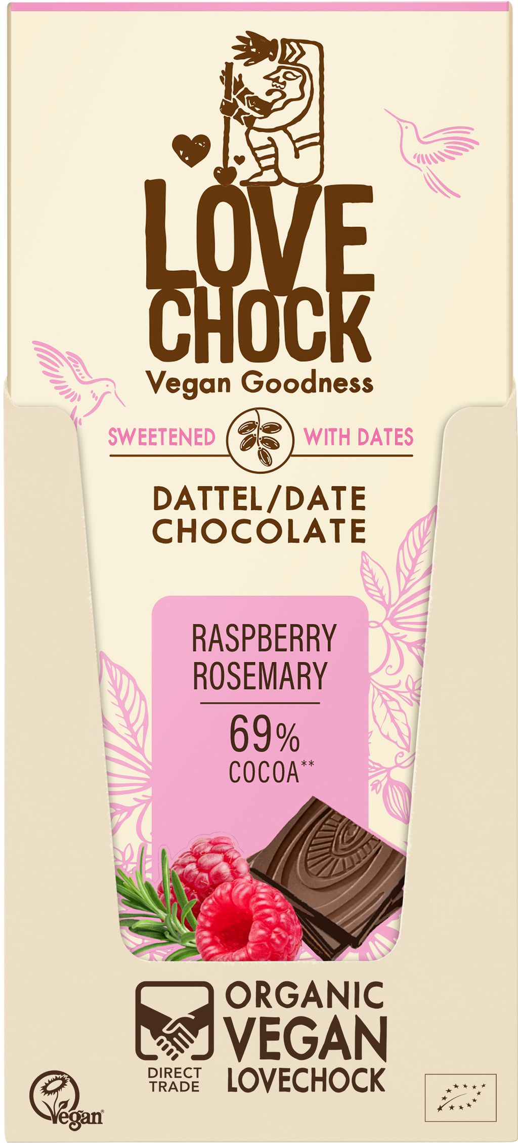 Raspberry Rosemary 69% Kakao - sweetened with date 70 g