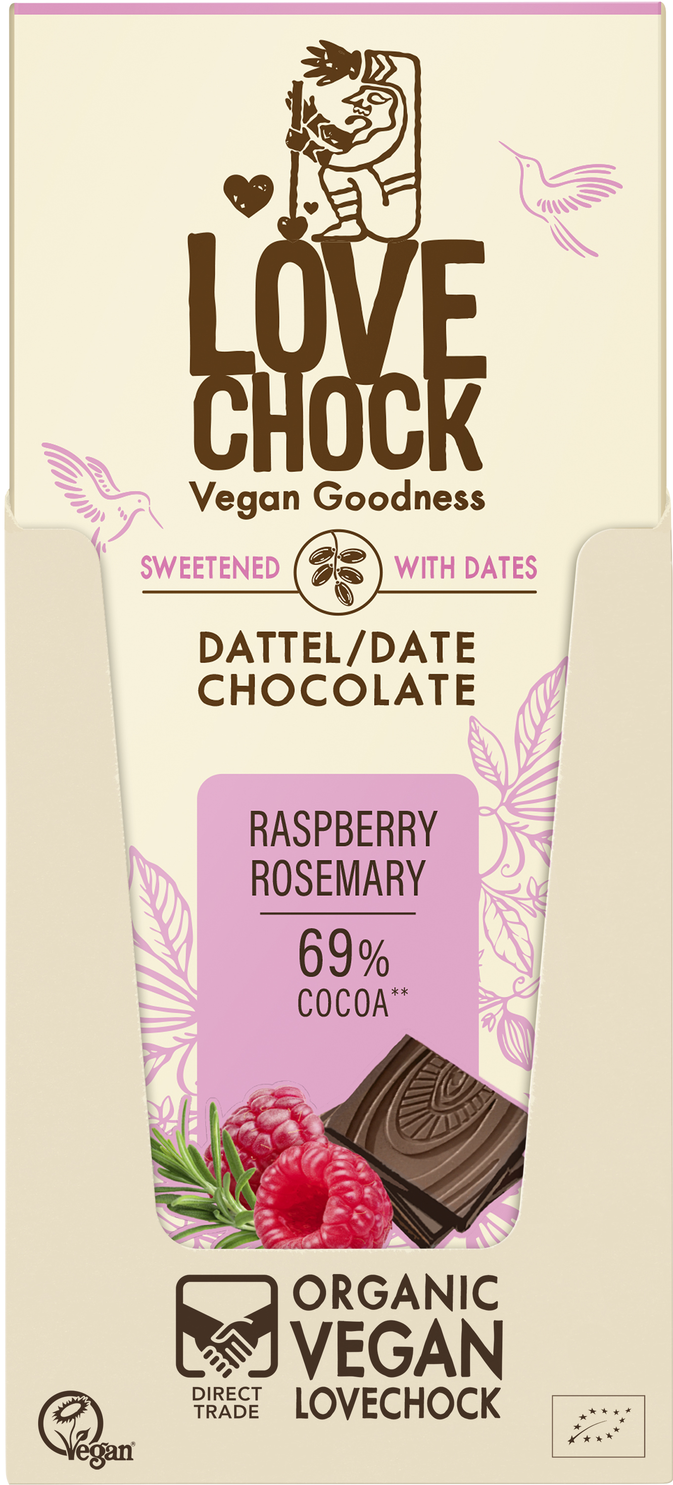 Raspberry Rosemary 69% Kakao - sweetened with date 70 g