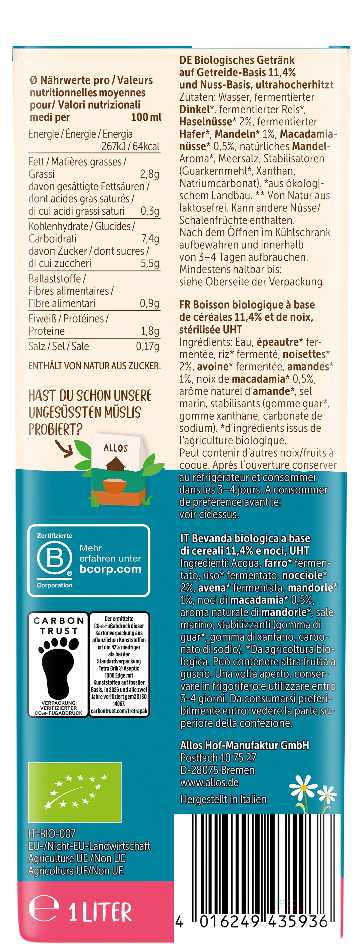 3 Nuss Macadamia Mandel Haselnuss Drink 1 l