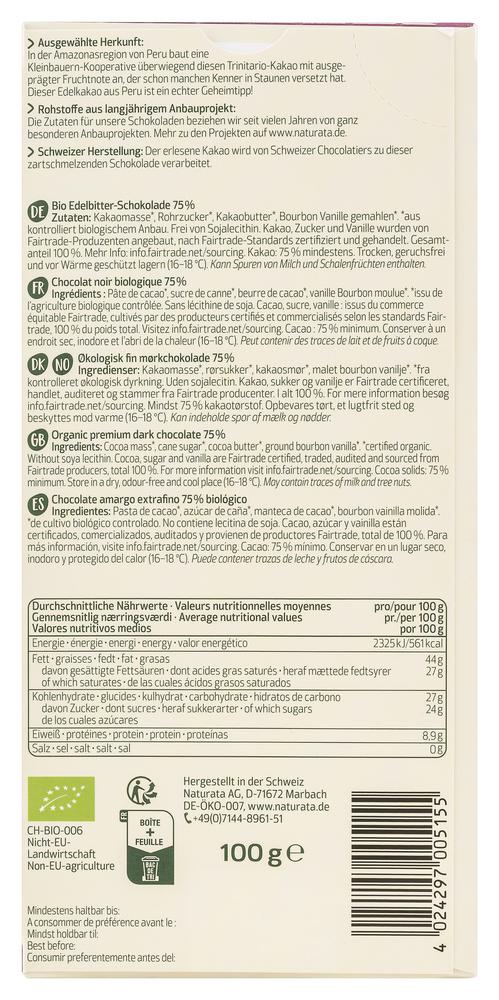 Peru Edelbitter Schokolade 75% 100 g