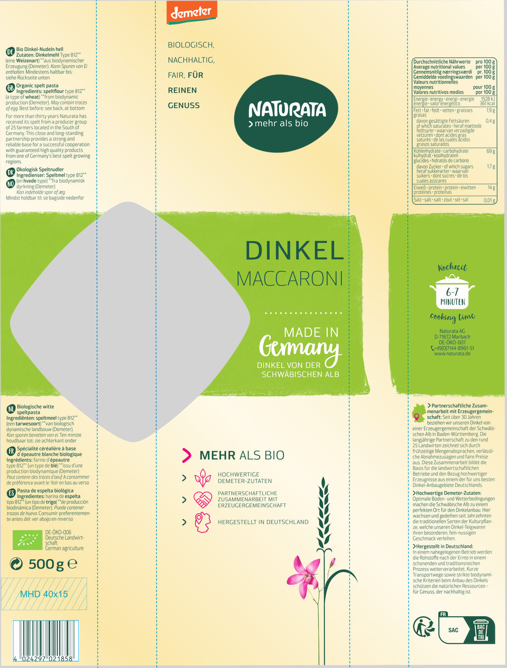 Maccaroni lang Dinkel hell demeter 500 g