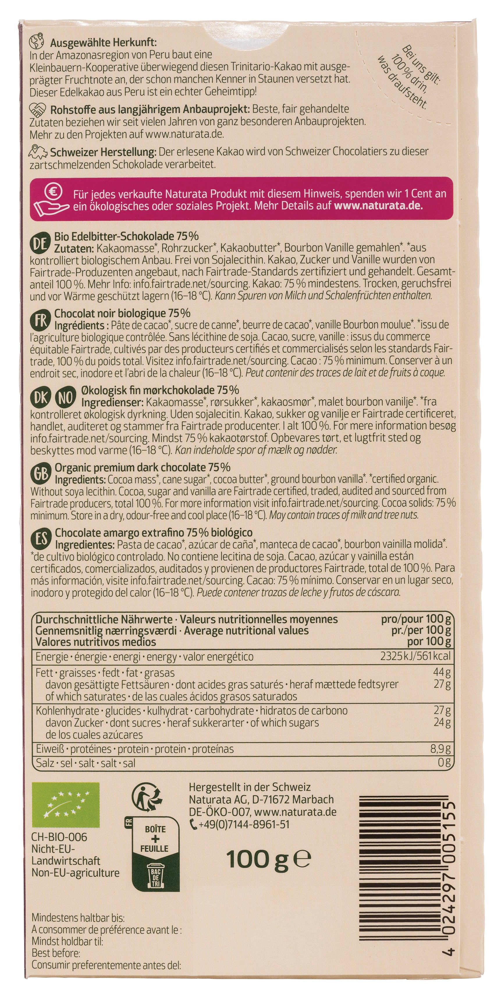 Peru Edelbitter Schokolade 75% 100 g