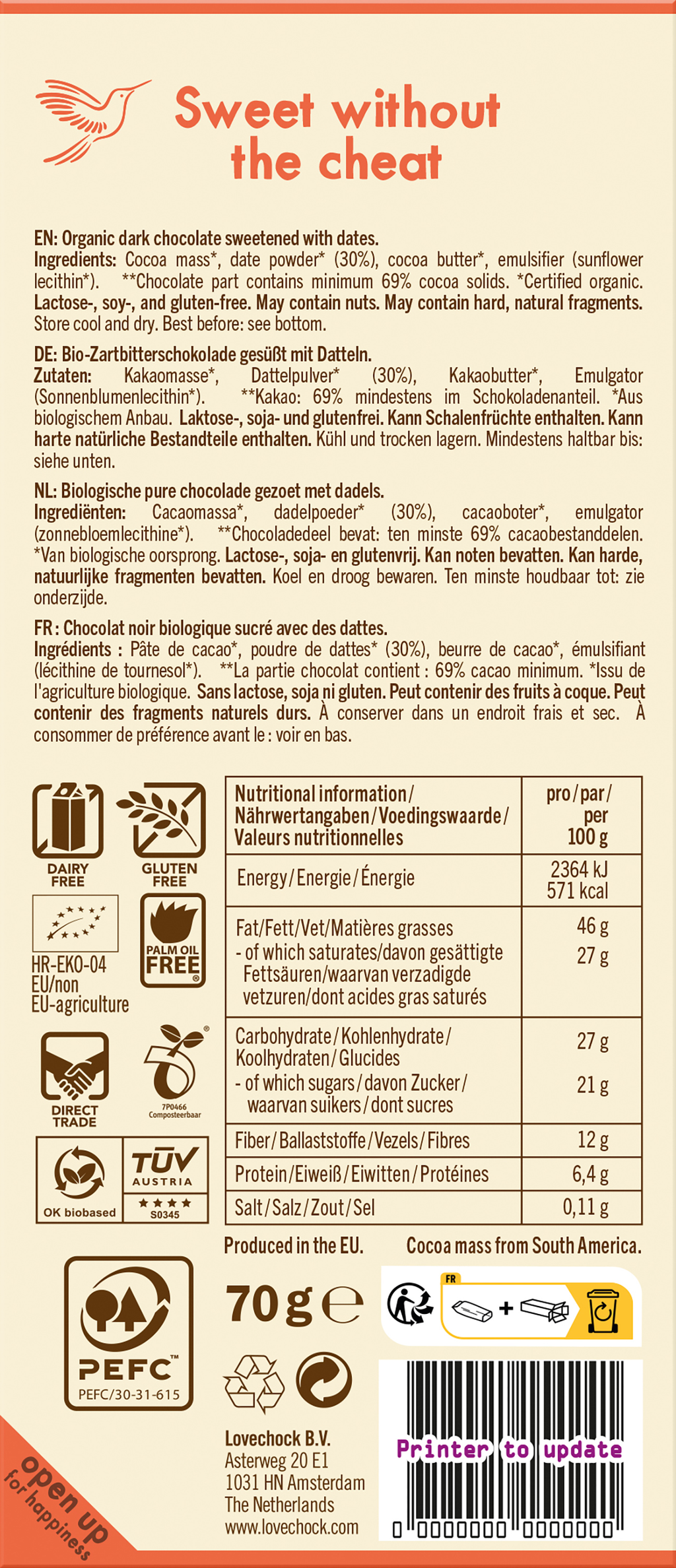 Dark Chocolate 69% Kakao - sweetened with dates 70 g
