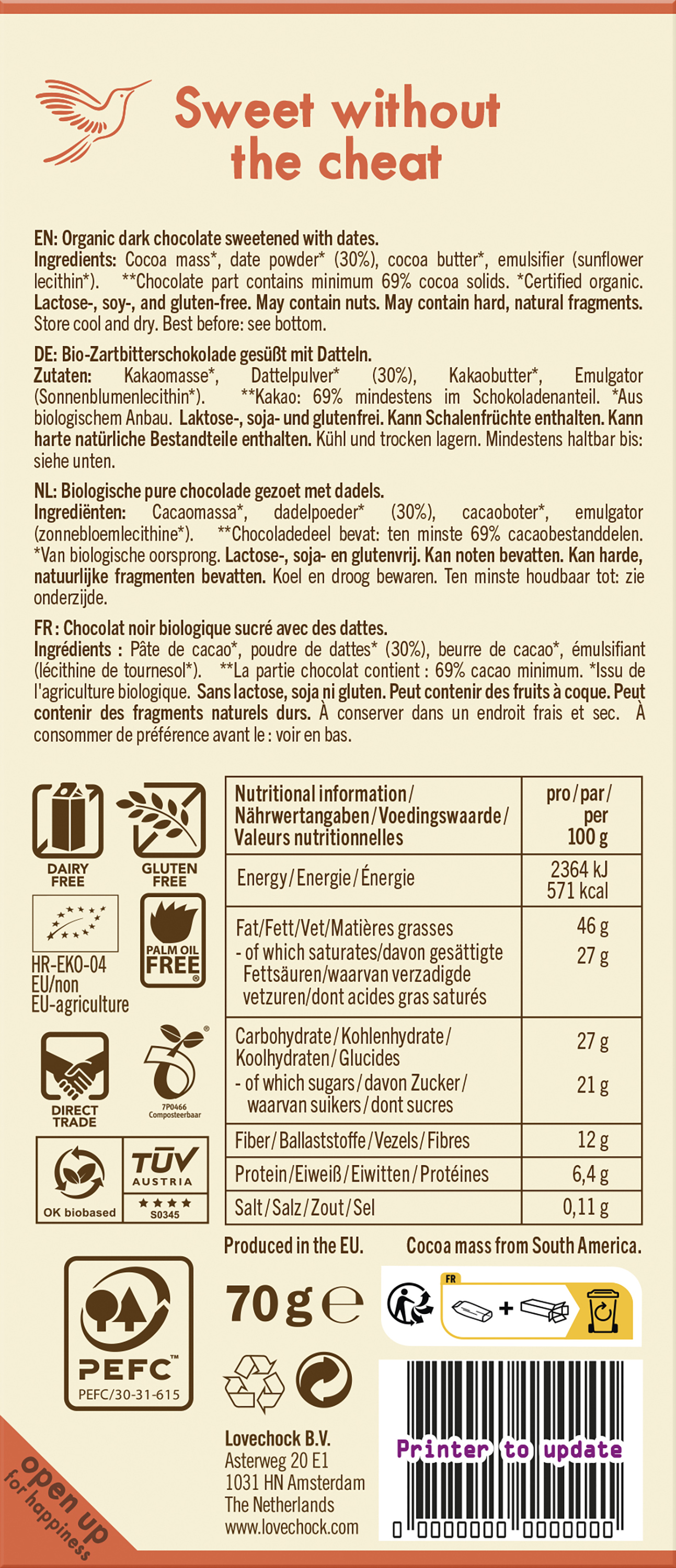 Dark Chocolate 69% Kakao - sweetened with dates 70 g