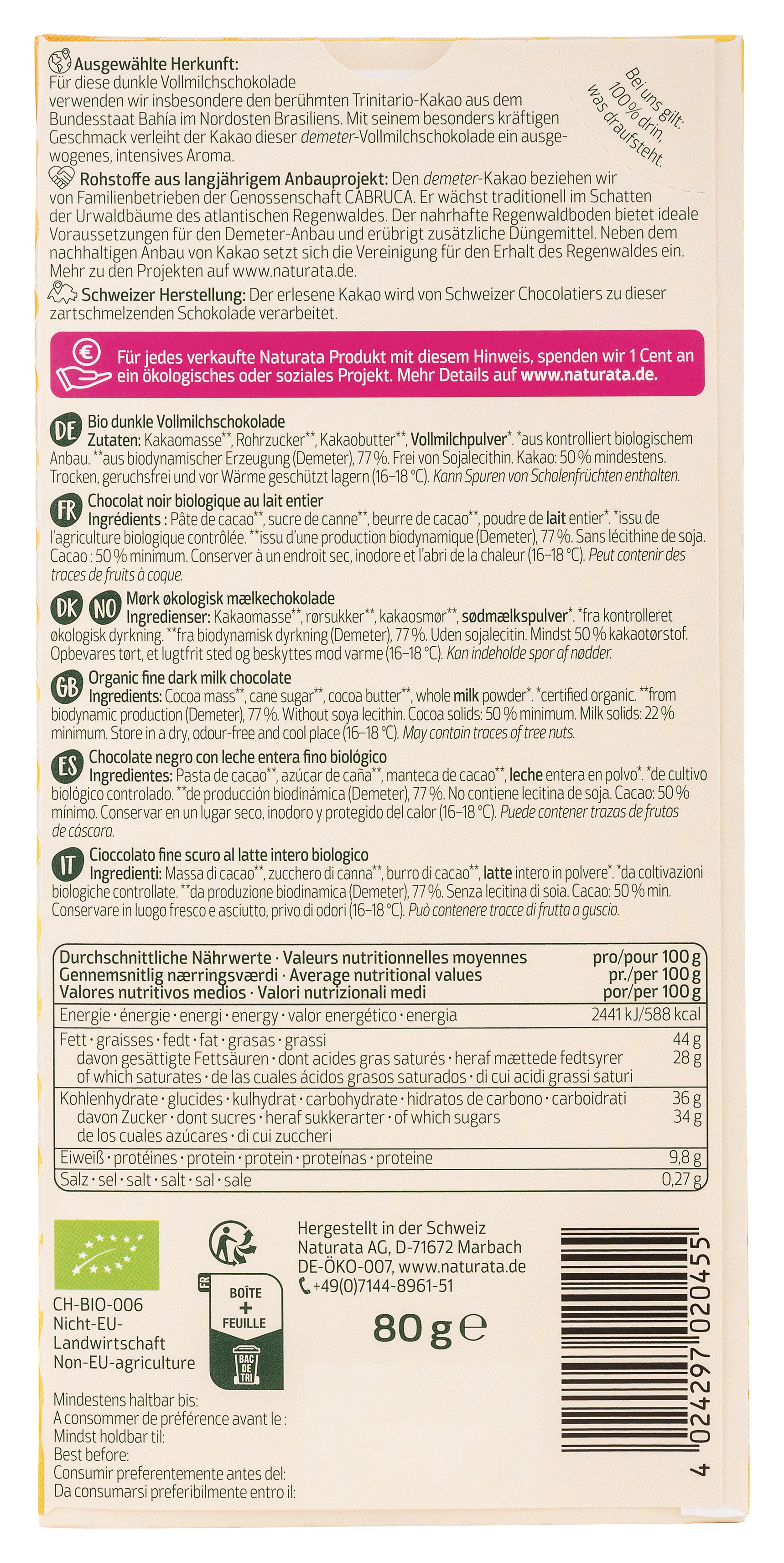 Brasilien Dunkle VM-Schokolade demeter 50% Kakao 80 g