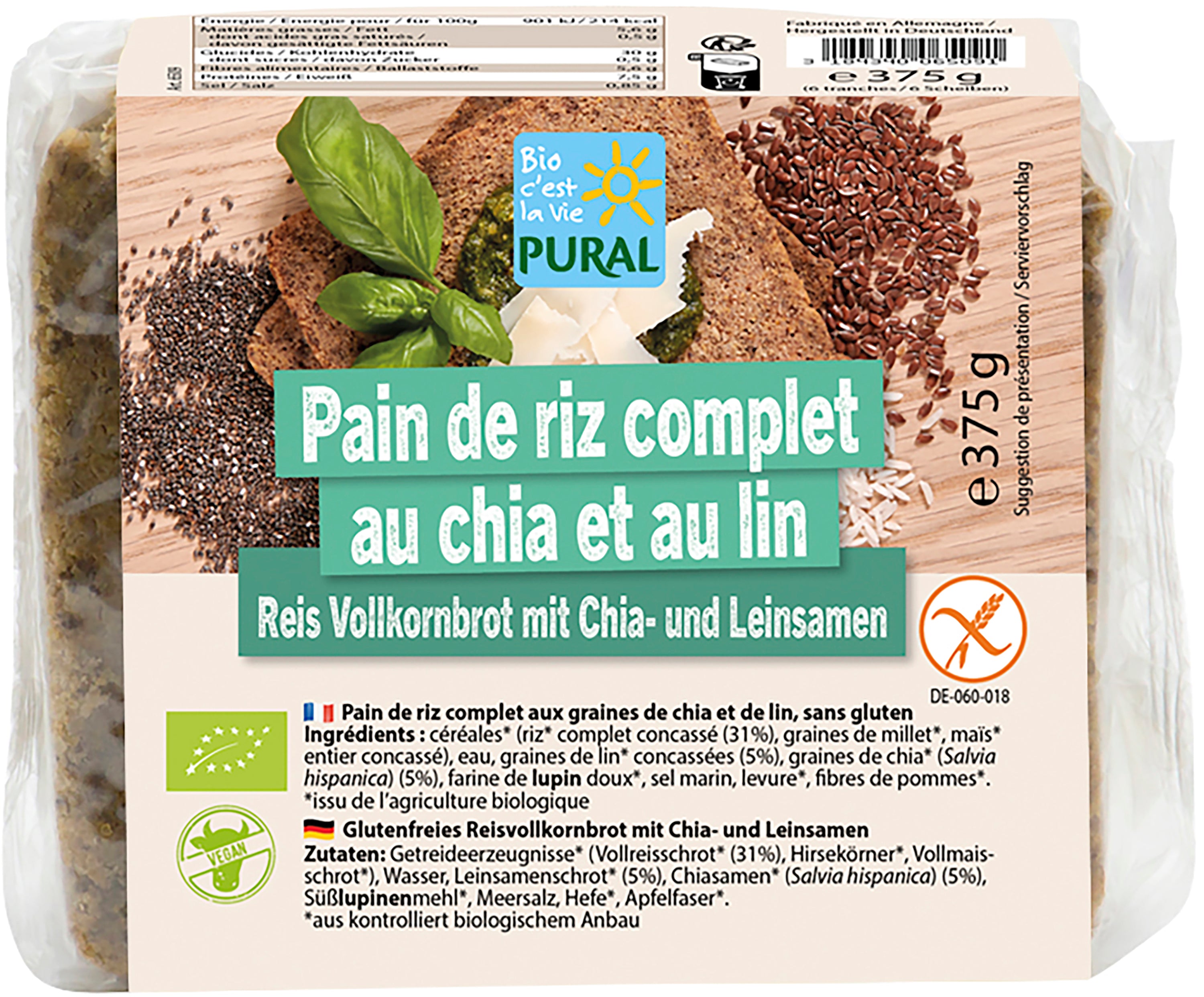 Reis Vollkornbrot mit Chia- & Leinsamen glutenfrei 375 g