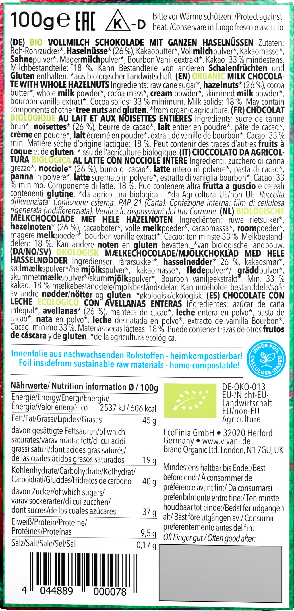Vollmilch-Schokolade ganze Nüsse 100 g
