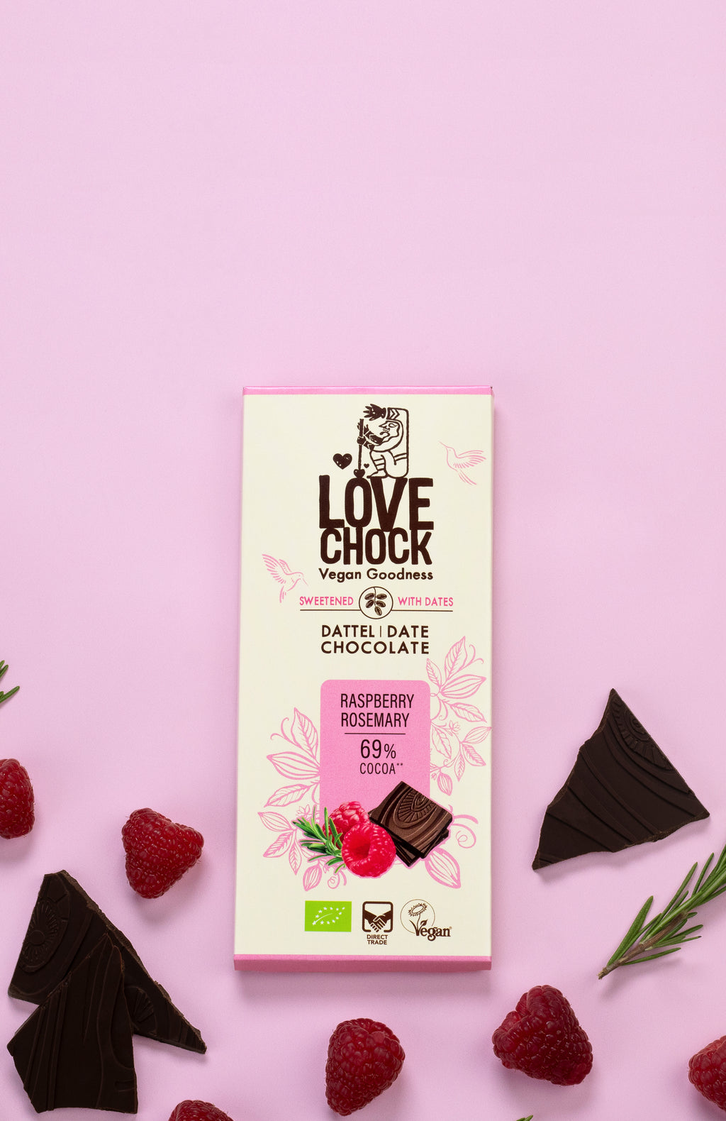Raspberry Rosemary 69% Kakao - sweetened with date 70 g
