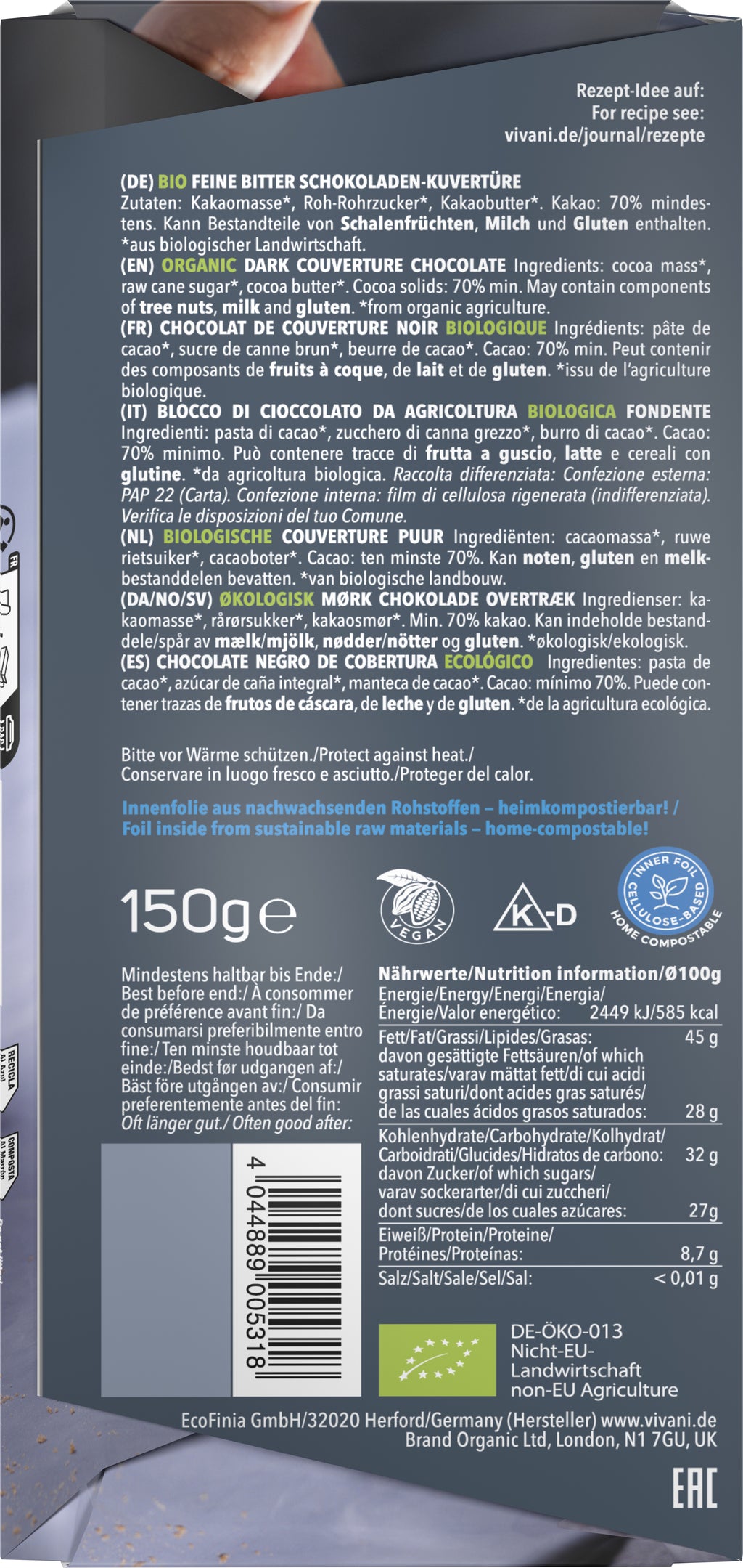 Kuvertüre Feine Bitter 70% Cacao 150 g