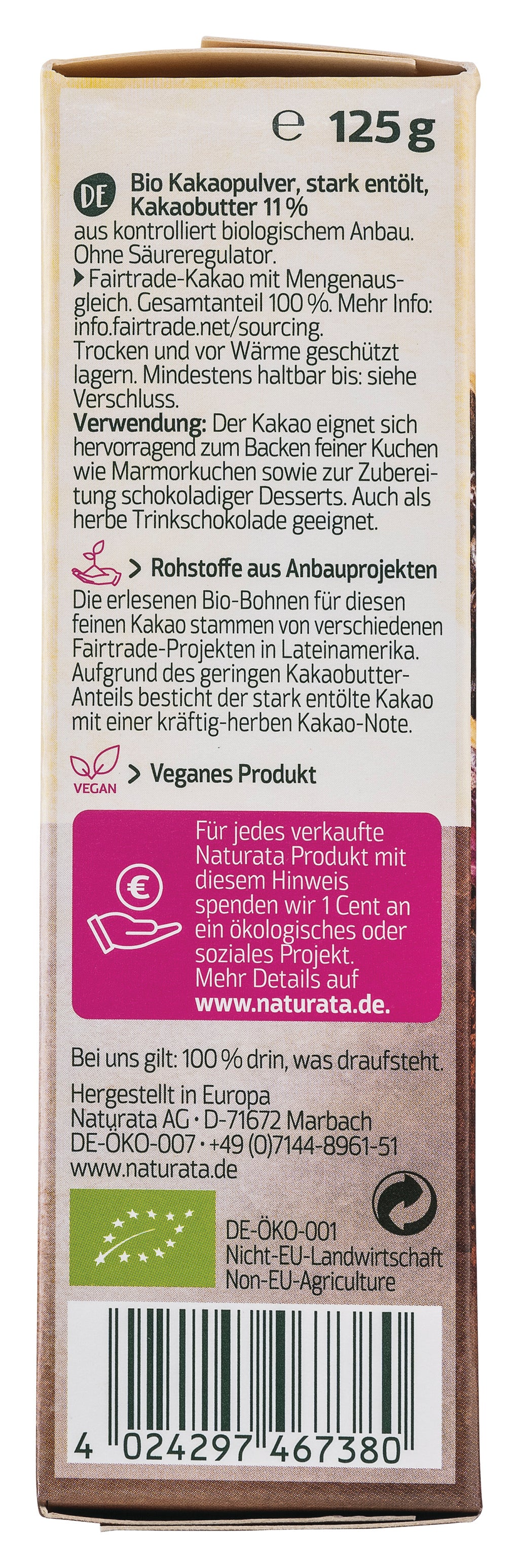 Kakao stark entölt 10-12% Kakaobutter 125 g