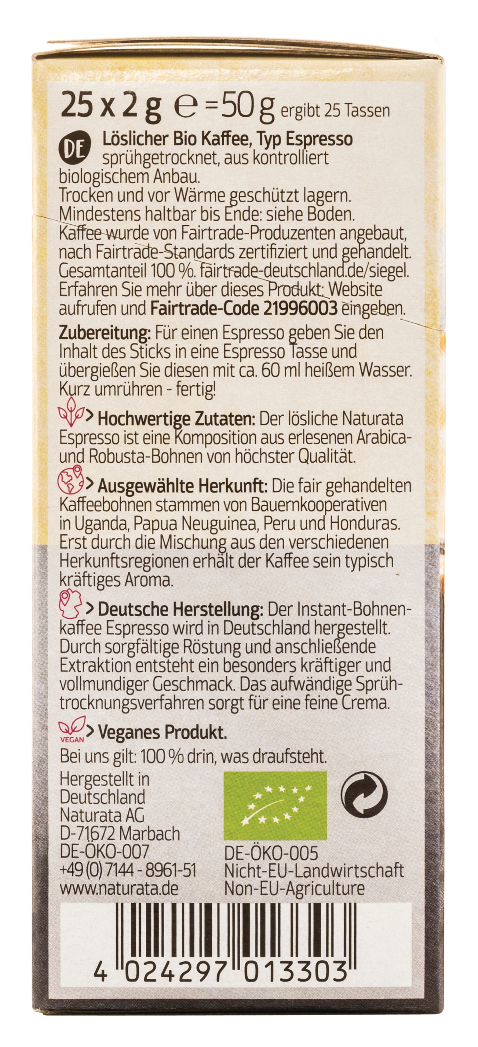 Espresso Sticks Bohnenkaffee instant 25x2 g