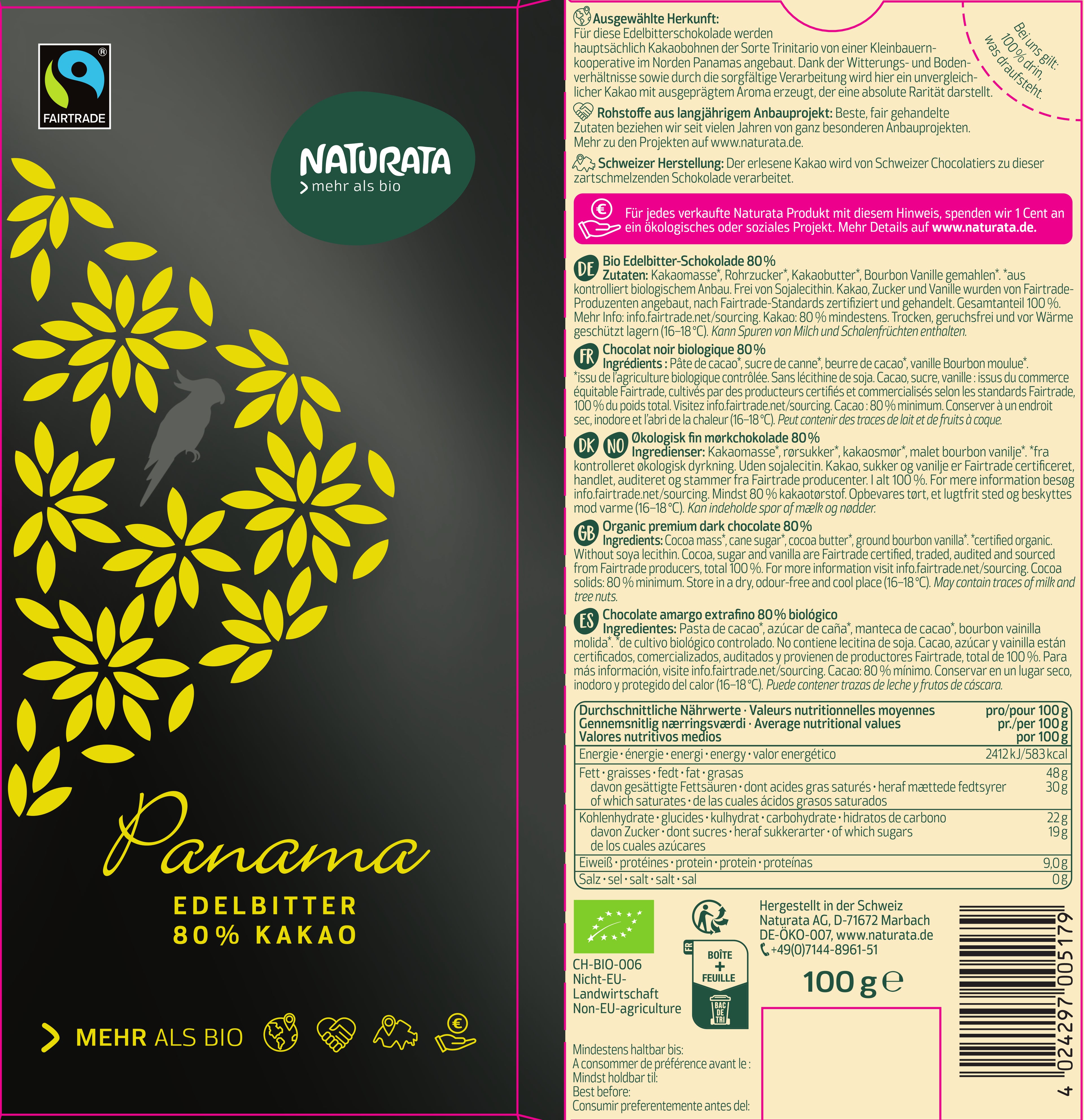 Panama Edelbitter Schokolade 80% Kakao 100 g