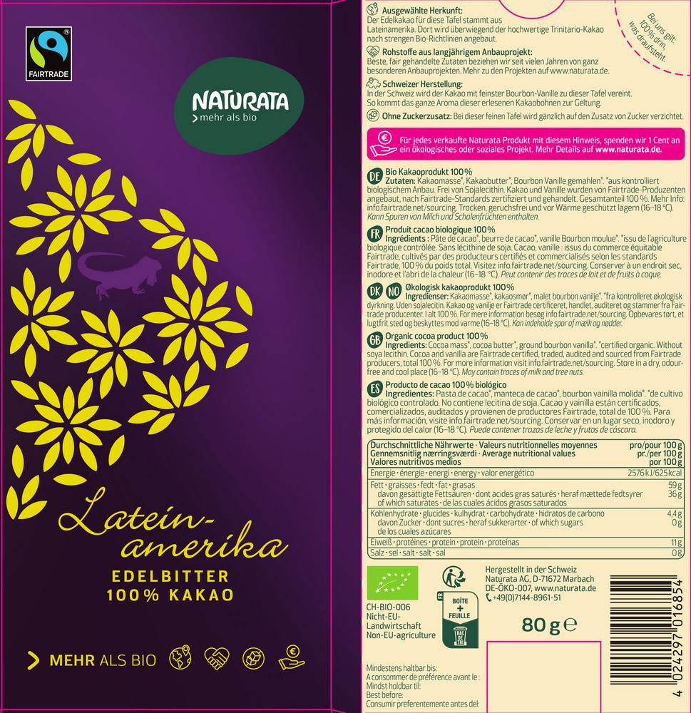 Lateinamerika Edelbitter Schokolade 100% Kakao 80 g