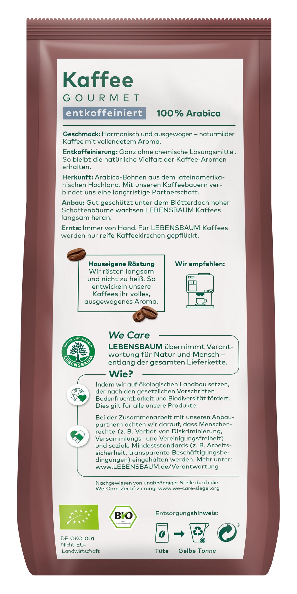 Kaffee Gourmet ganze Bohne entkoffeiniert 250 g