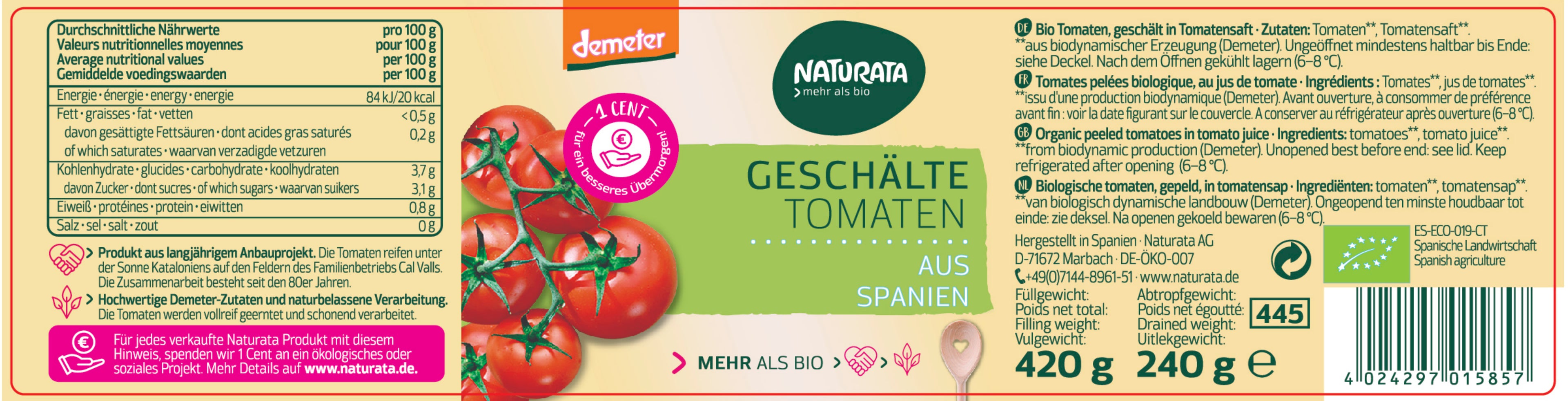 Tomaten geschält in Tomatensaft demeter 420 g