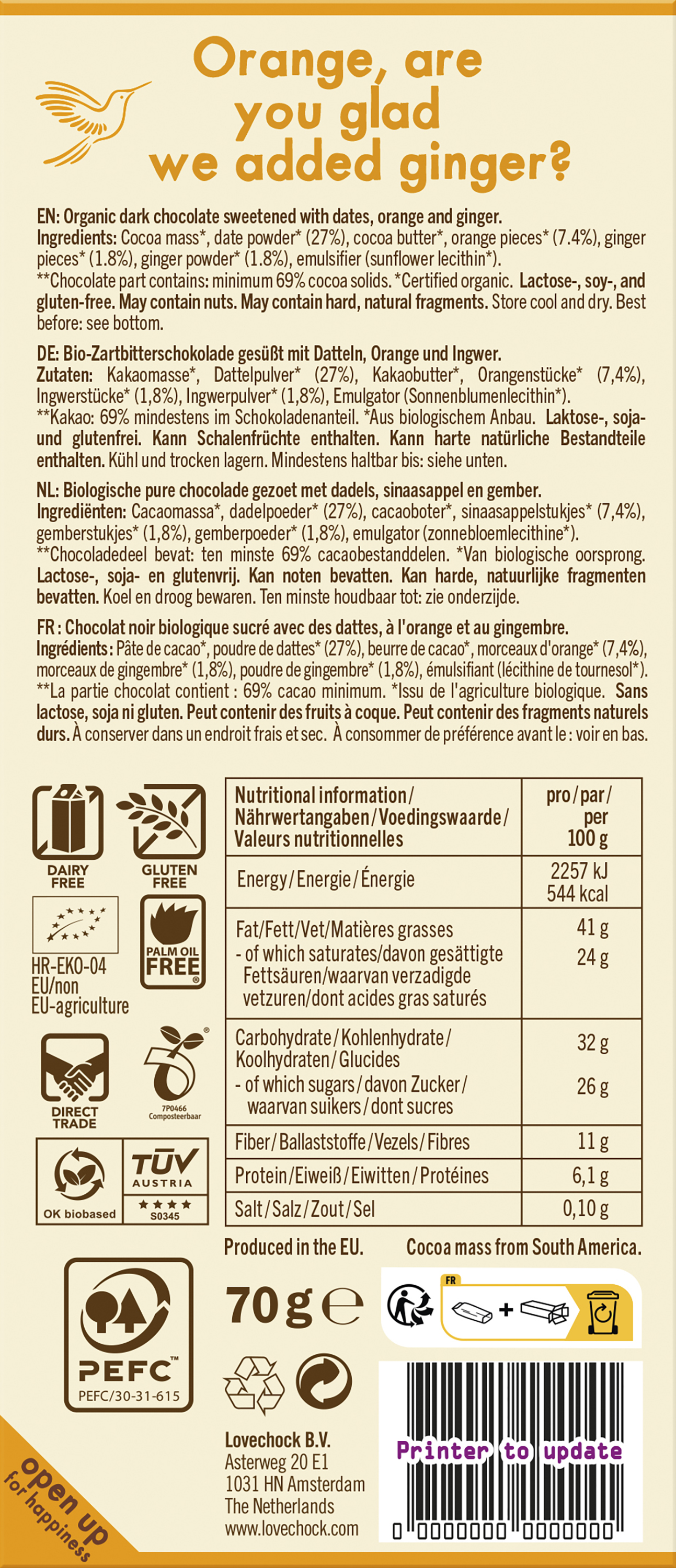 Ginger Orange 69% Kakao - sweetened with dates 70 g
