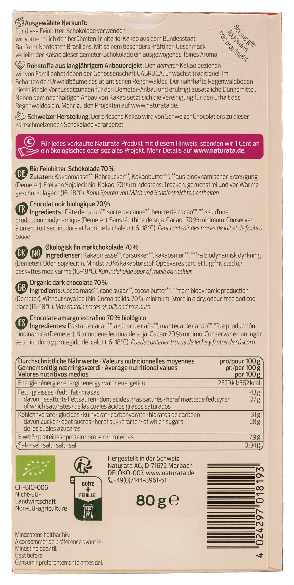 Brasilien Feinbitter Schokolade demeter 70% Kakao 80 g