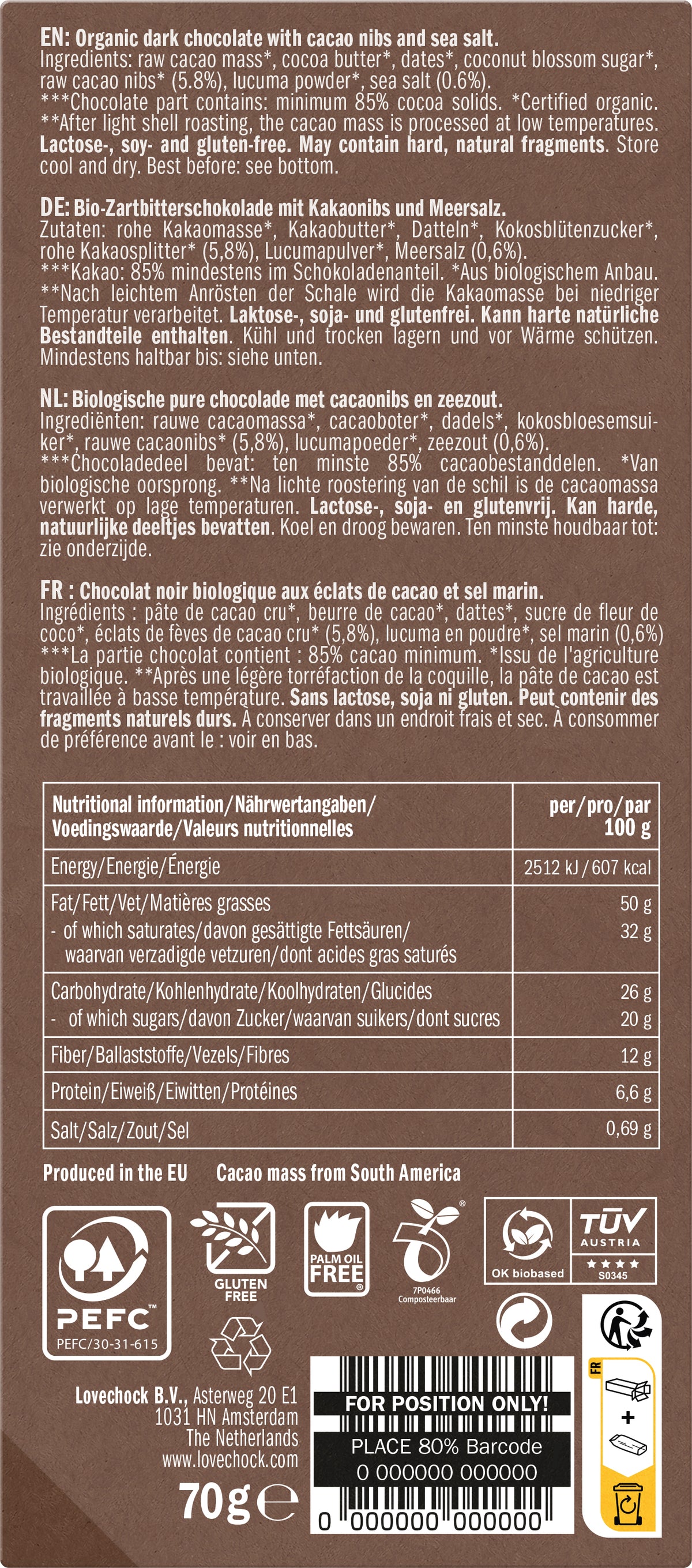 Sweet nibs & Sea salt 85% Kakao 70 g