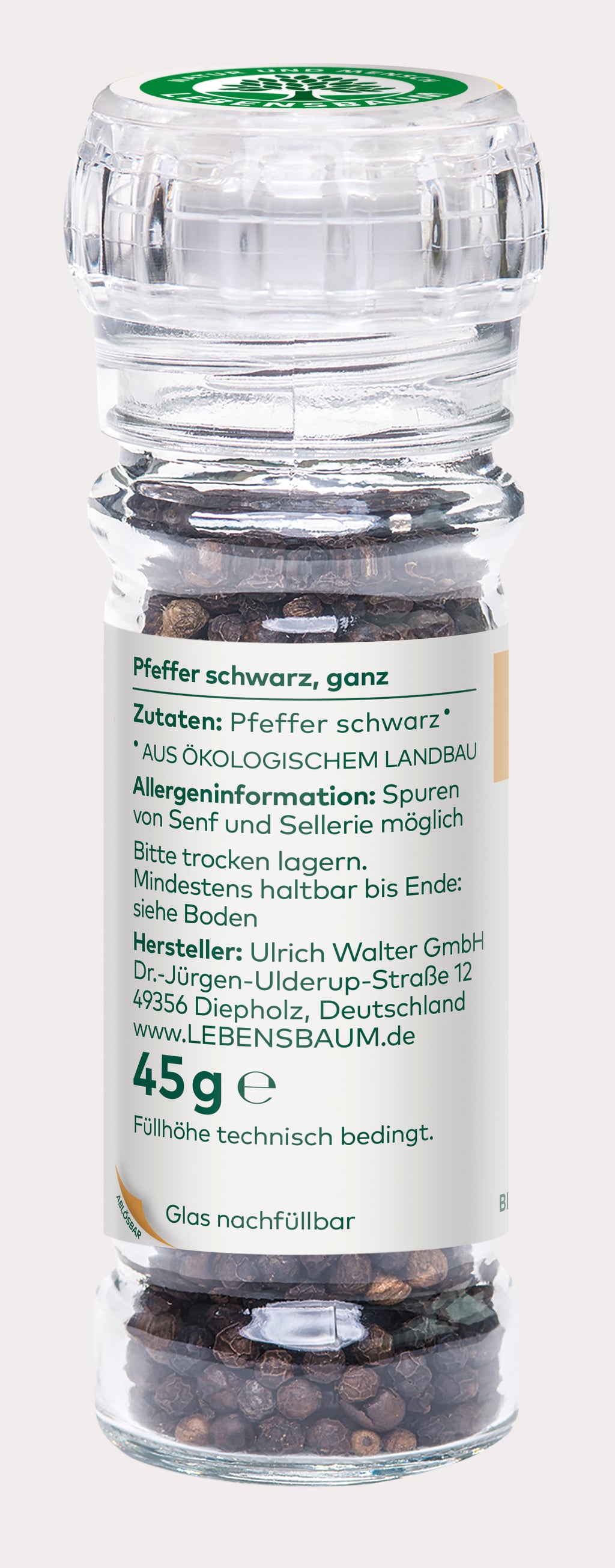 Pfeffer  schwarz, ganz  Glasmühle 45 g