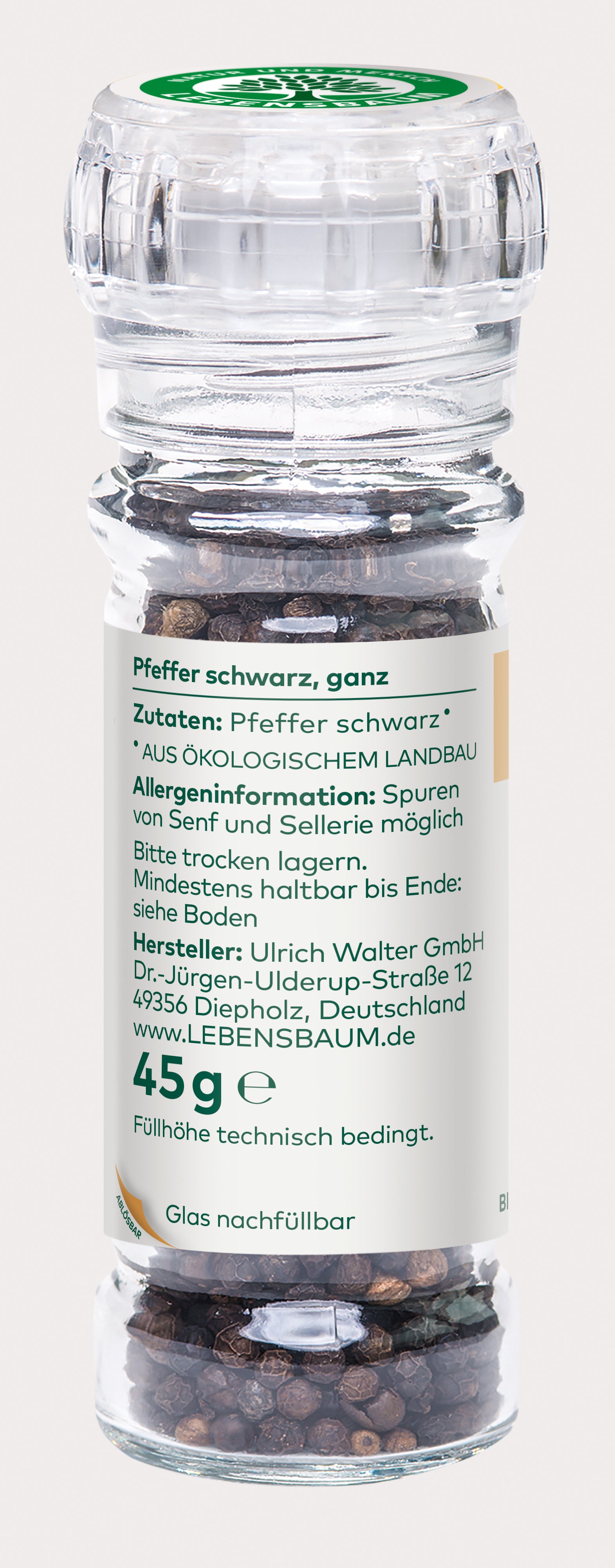 Pfeffer  schwarz, ganz  Glasmühle 45 g