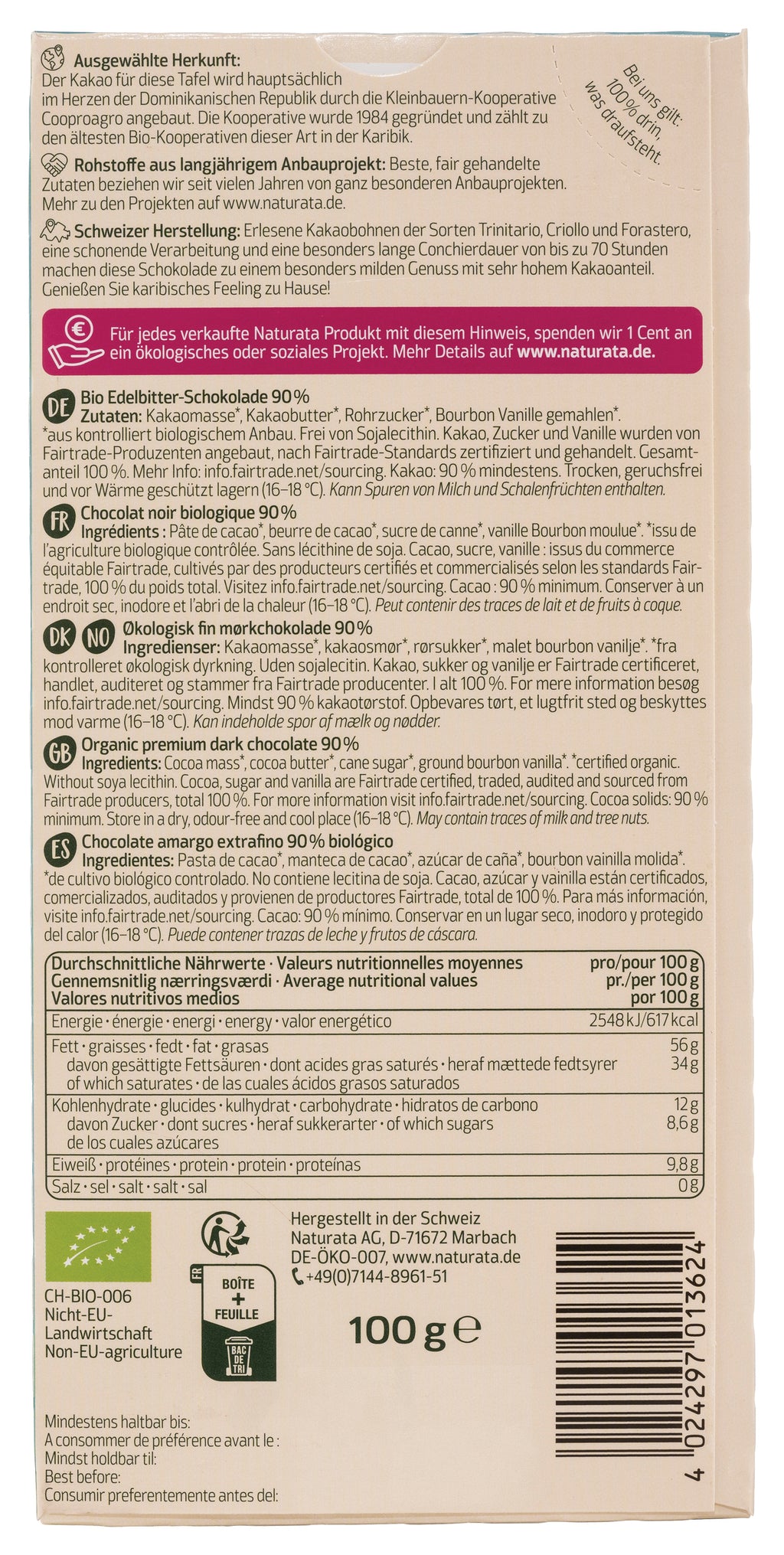 Karibik Edelbitter Schokolade 90% Kakao 100 g