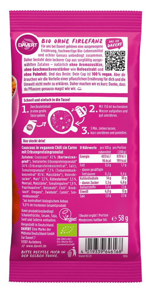 Couscous-Cup Chili sin Carne 58 g