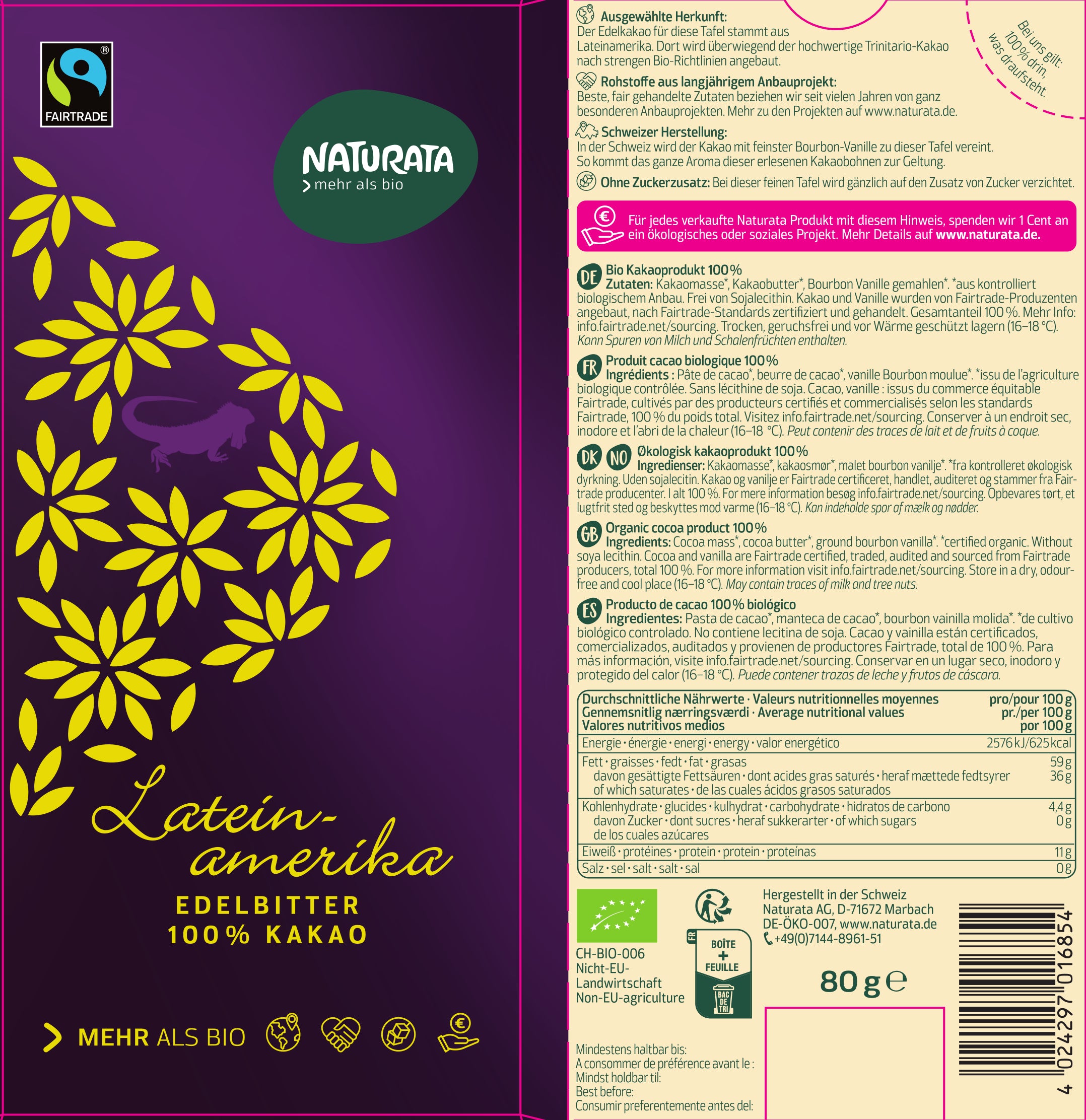 Lateinamerika Edelbitter Schokolade 100% Kakao 80 g