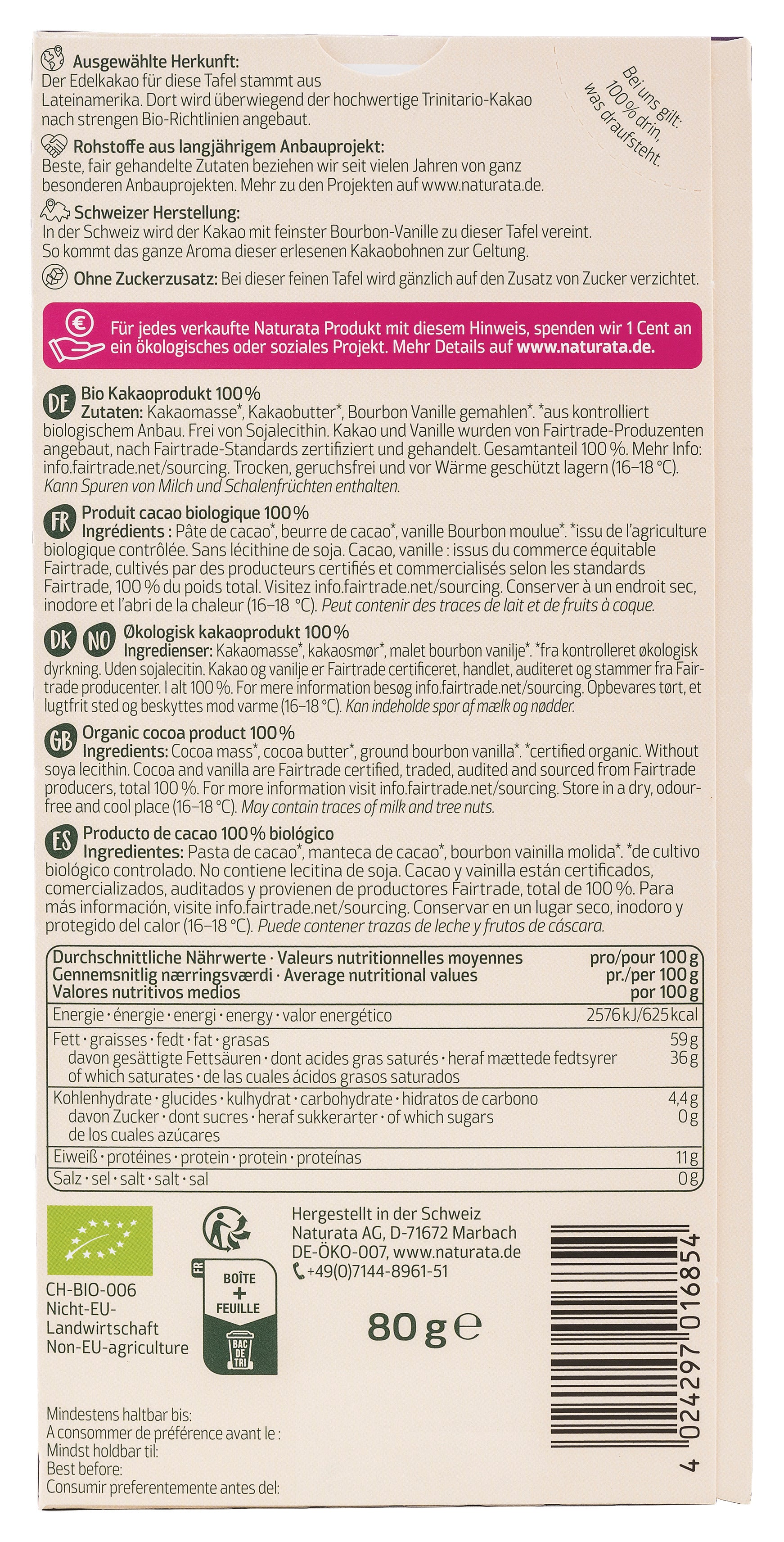 Lateinamerika Edelbitter Schokolade 100% Kakao 80 g