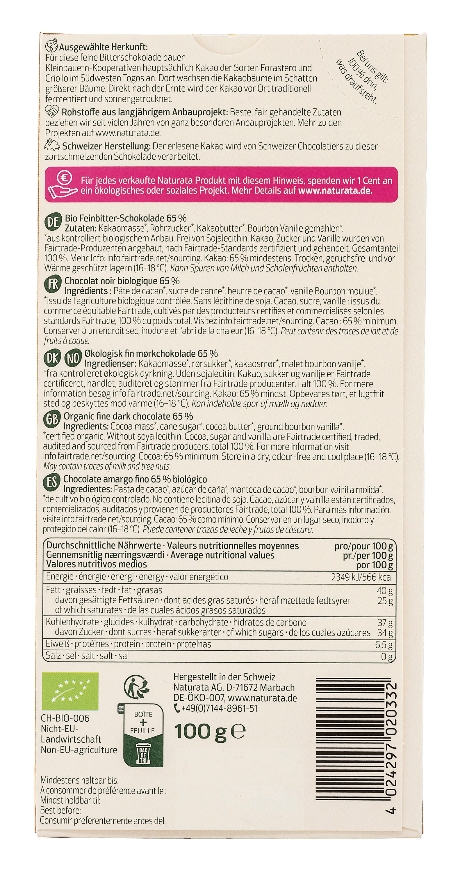 Togo Feinbitter-Schokolade 65% Kakao 100 g
