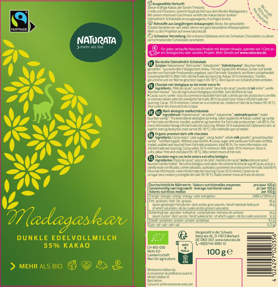 Madagaskar Dunkle Edel-VM-Schokolade 55% Kakao 100 g