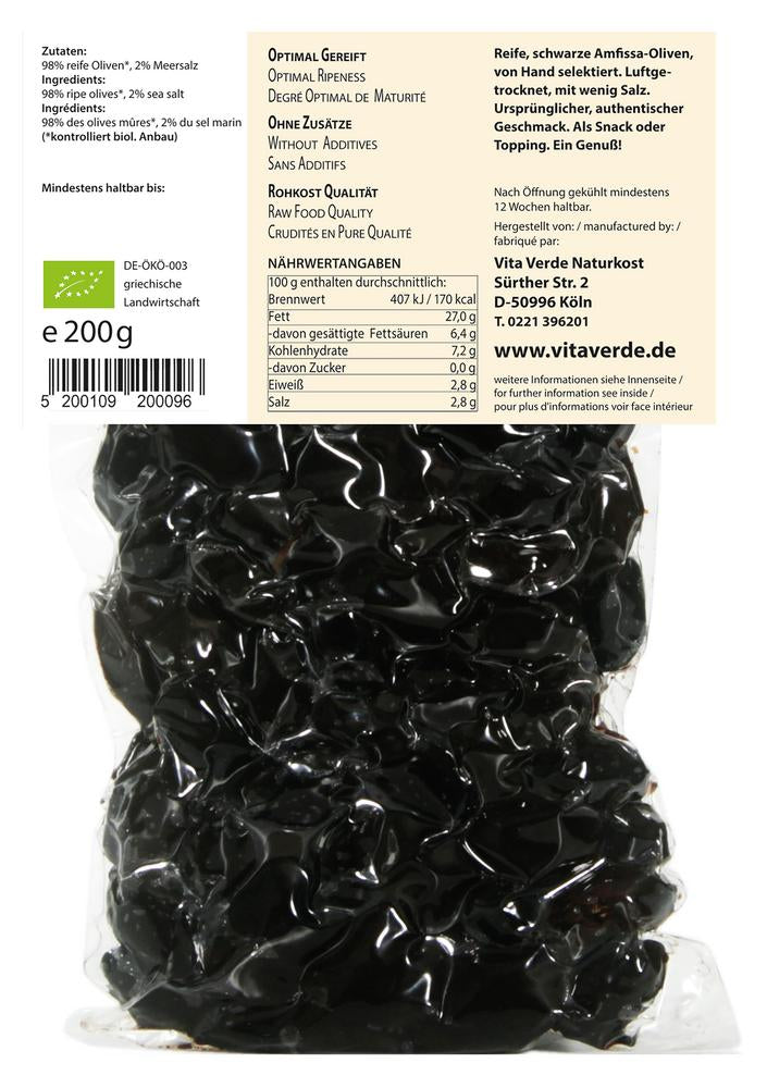 Oliven schwarz gesalzen vakuum. im Beutel 200 g