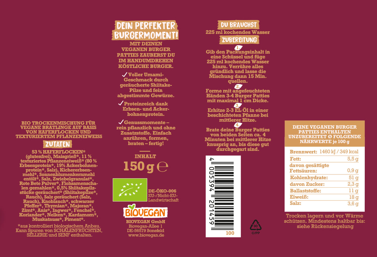 Meine veganen Burger Patties 150 g