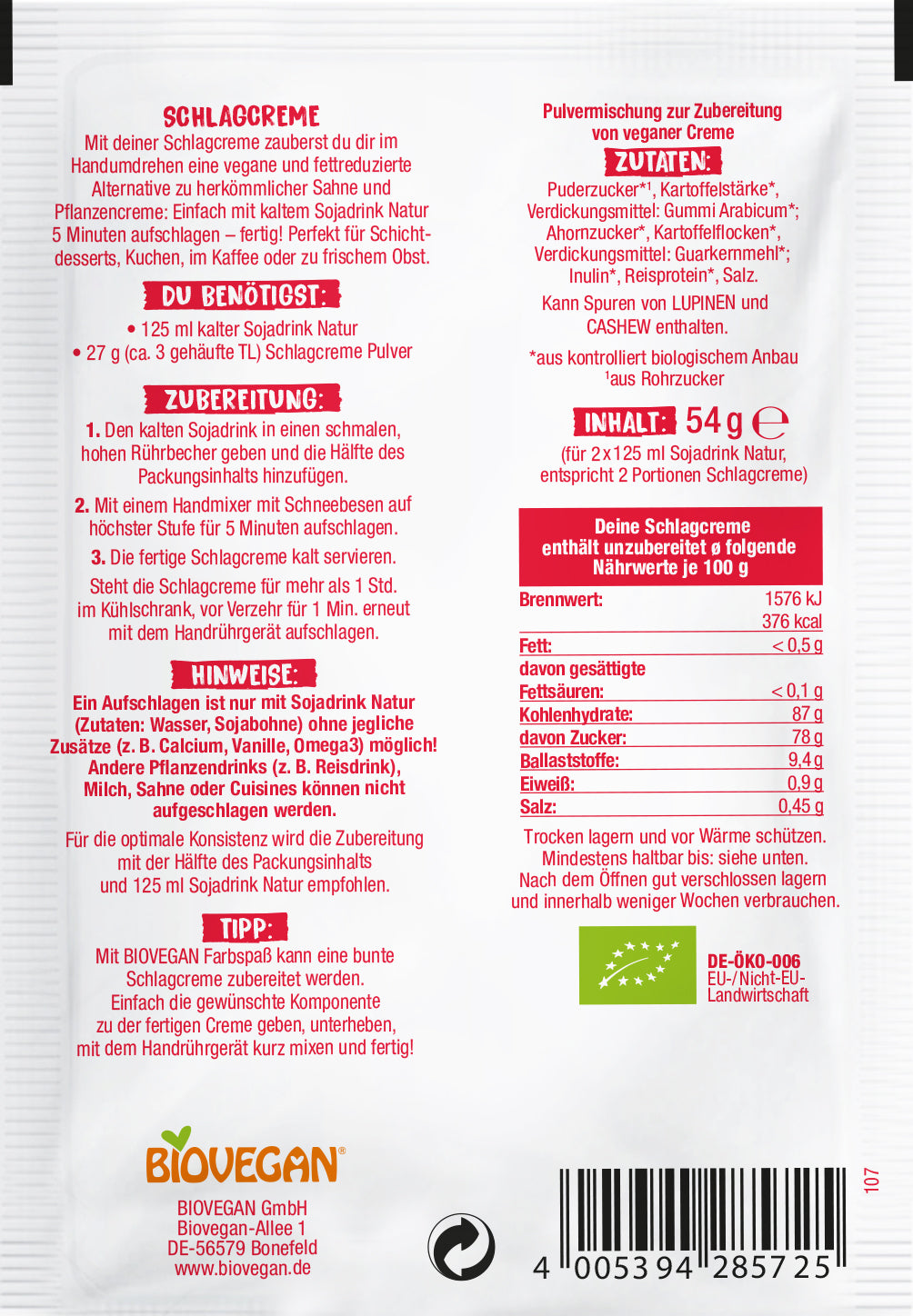 Schlagcreme Pulver kompostierbare Verpackung 54 g