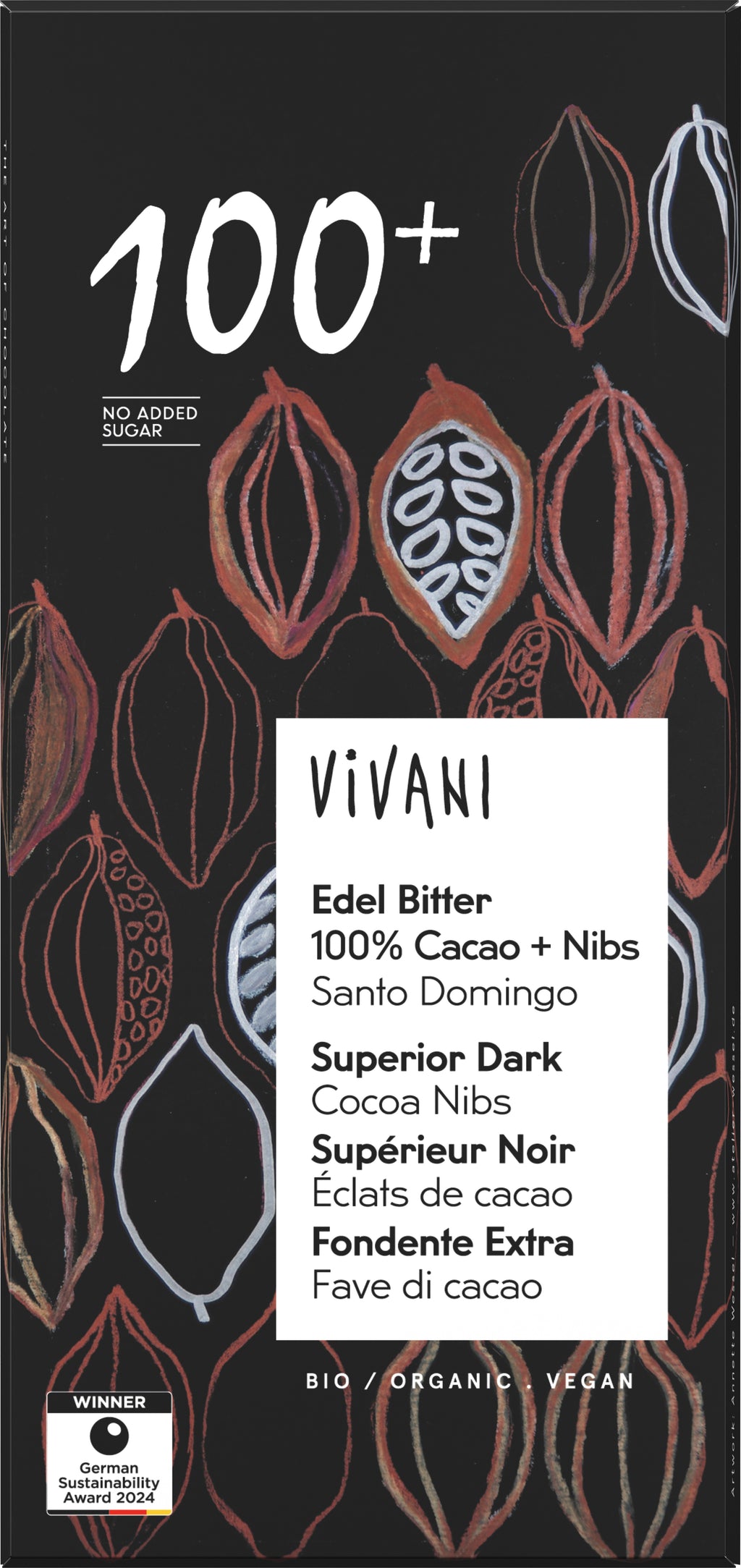 Edel Bitter Schokolade 100% Cacao + Nibs 80 g