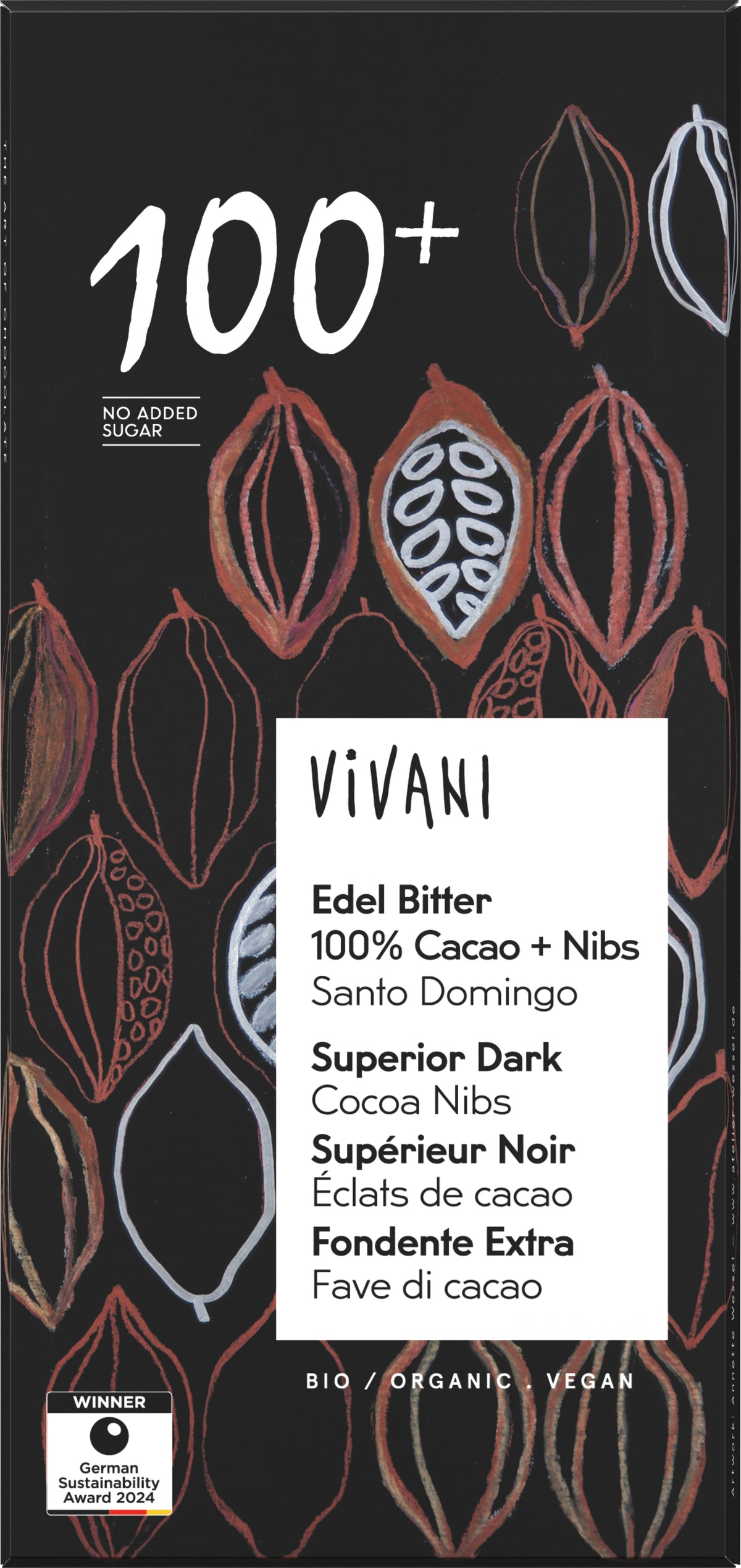 Edel Bitter Schokolade 100% Cacao + Nibs 80 g