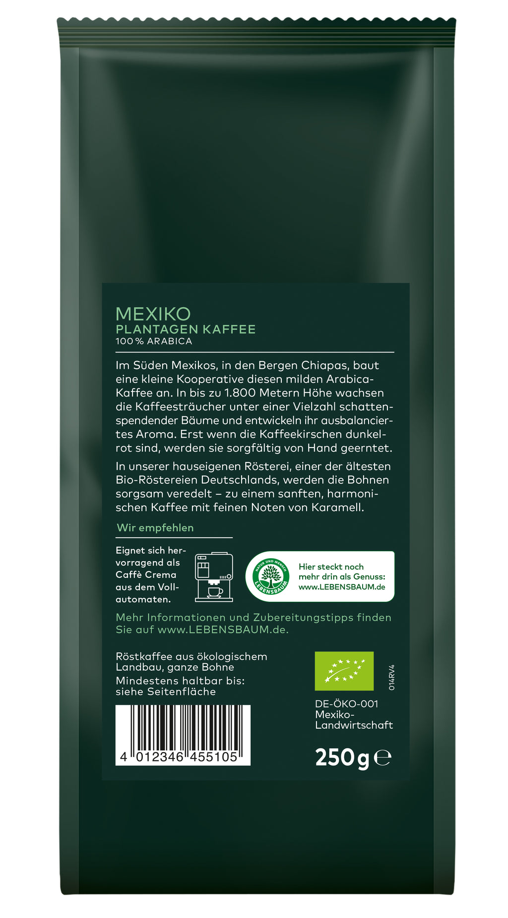 Plantagen-Kaffee Bohne demeter 250 g