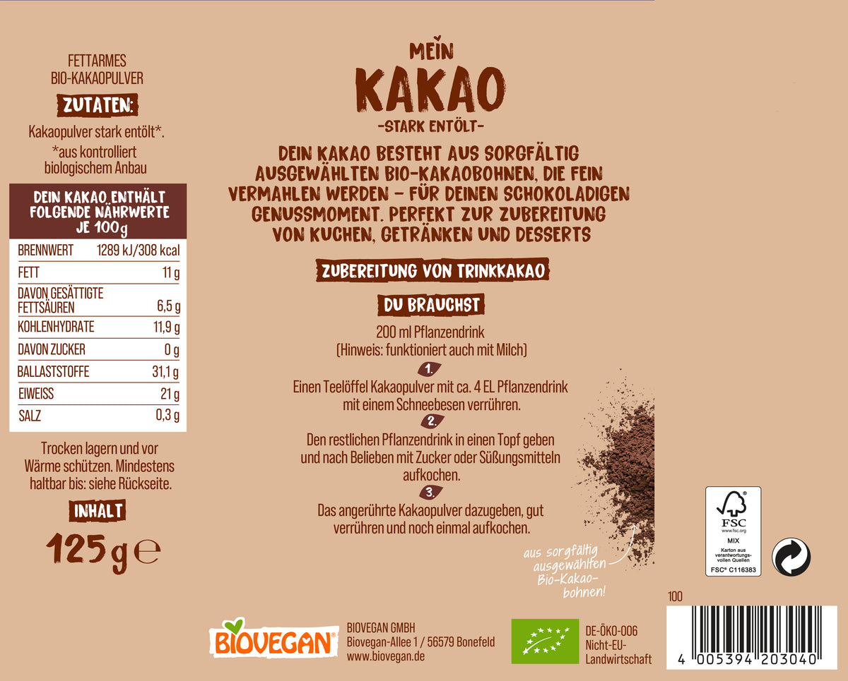 Mein Kakao stark entölt 125 g