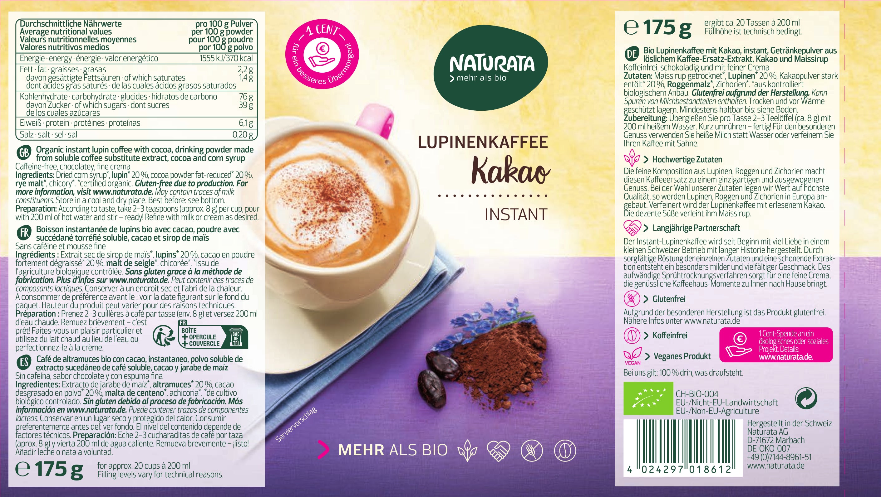 Lupinenkaffee Instant Kakao Dose 175 g