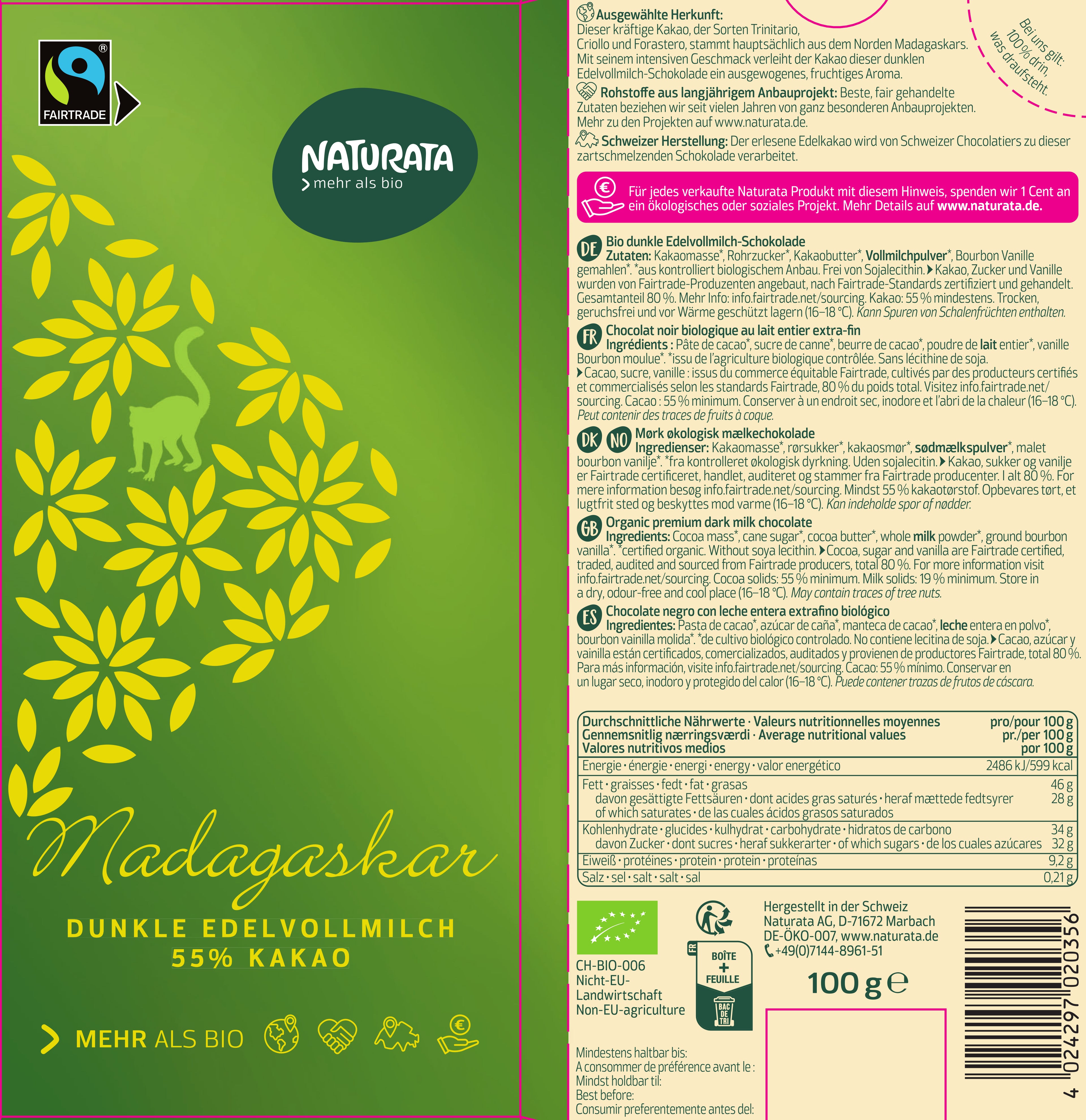 Madagaskar Dunkle Edel-VM-Schokolade 55% Kakao 100 g