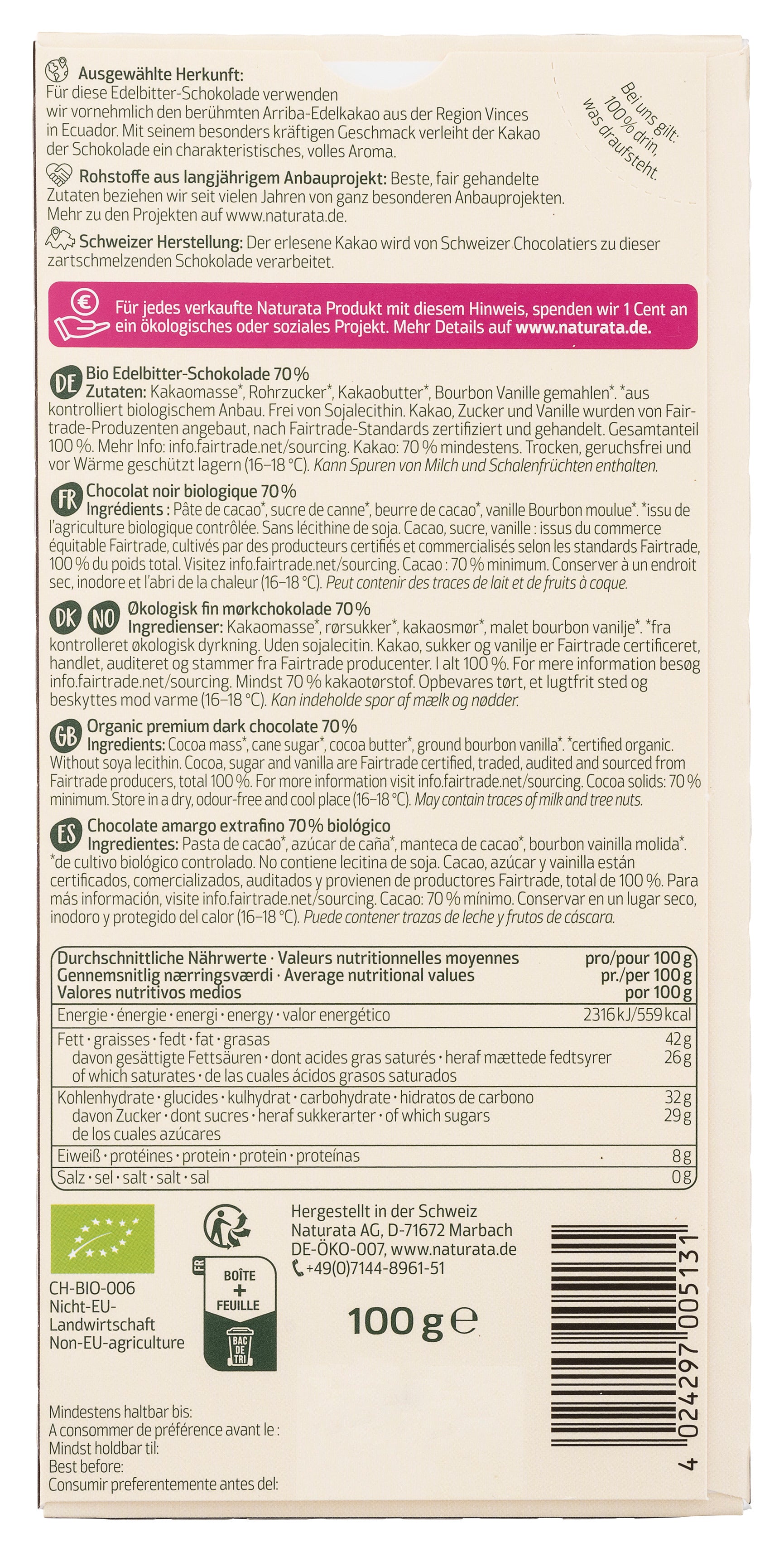 Ecuador Edelbitter Schokolade 70% Kakao 100 g