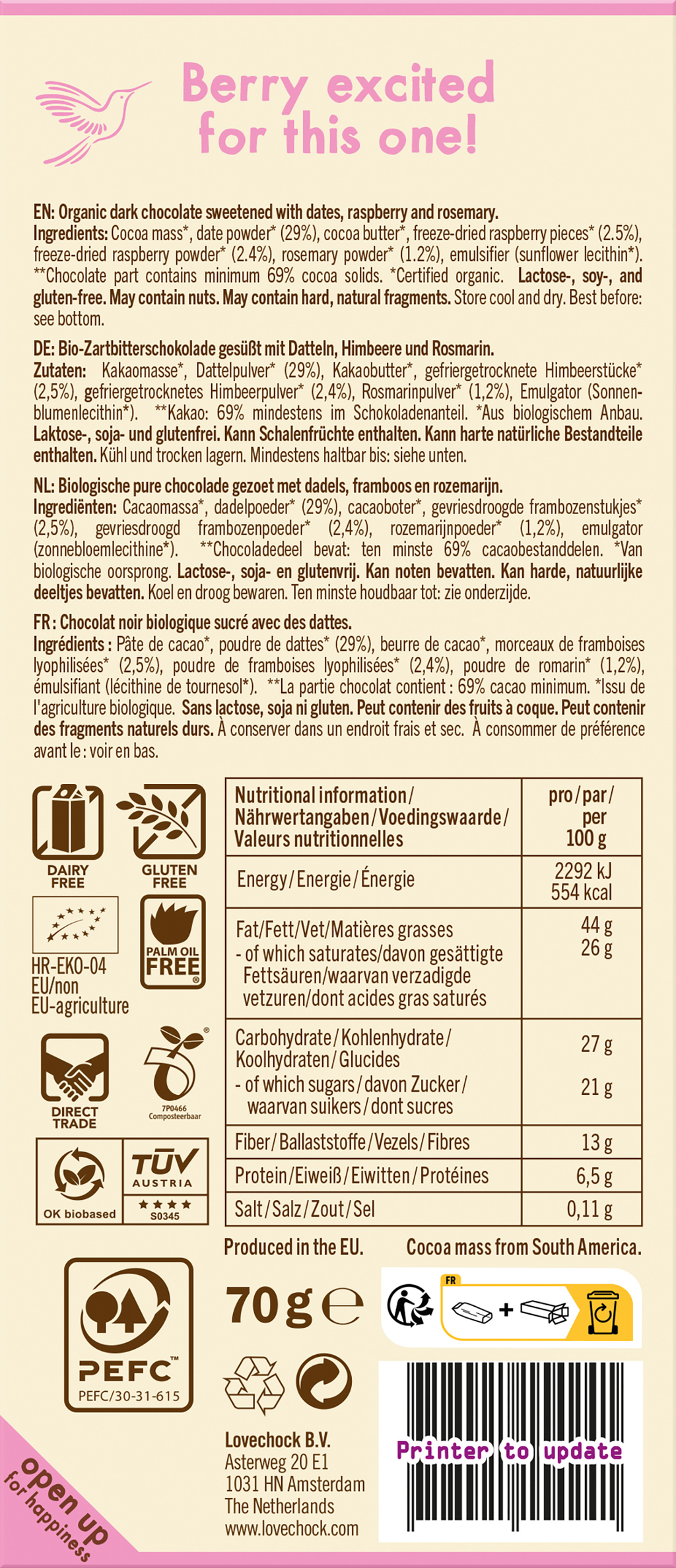Raspberry Rosemary 69% Kakao - sweetened with date 70 g