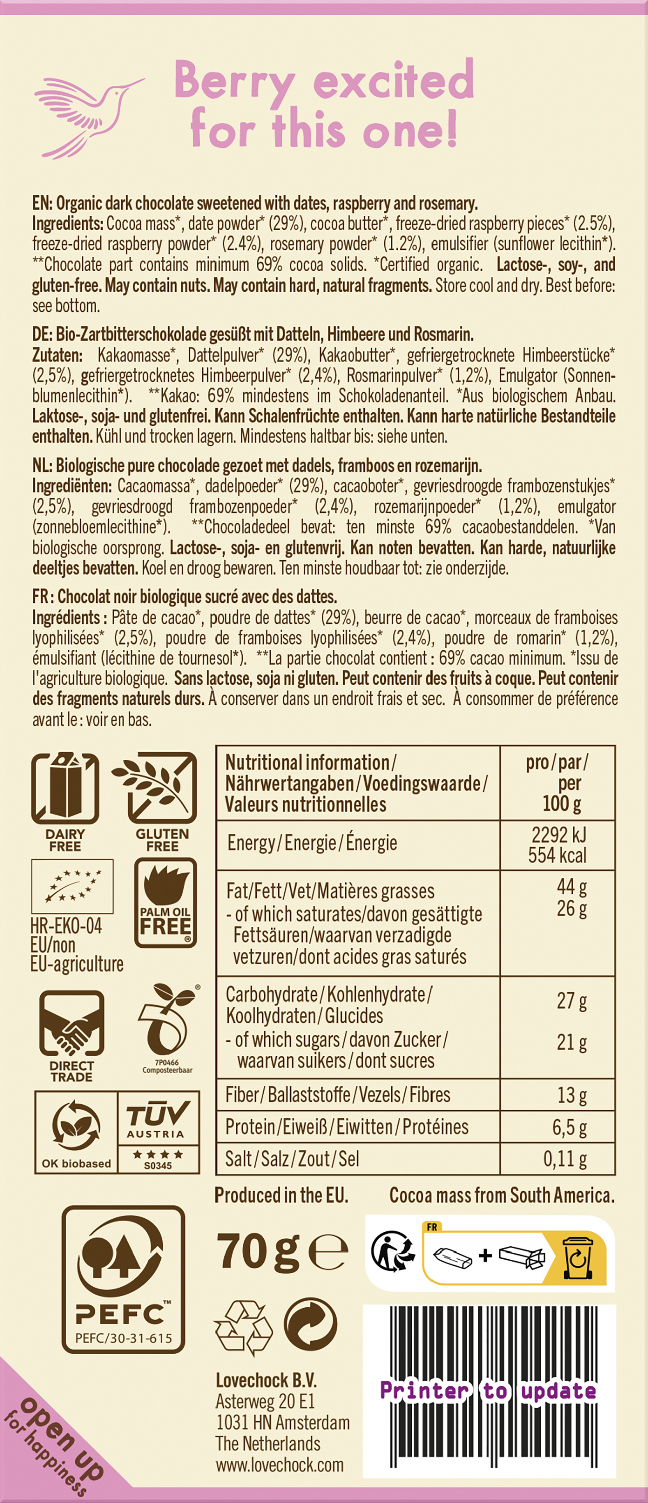 Raspberry Rosemary 69% Kakao - sweetened with date 70 g