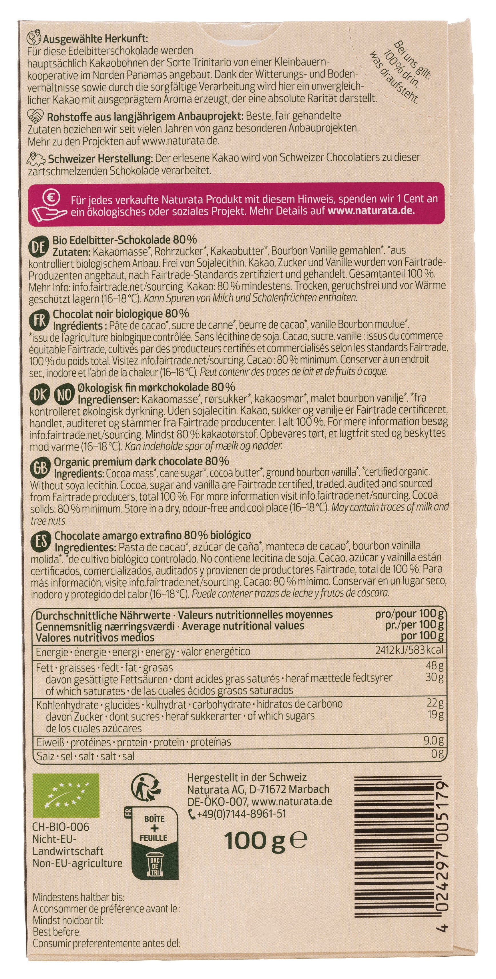 Panama Edelbitter Schokolade 80% Kakao 100 g