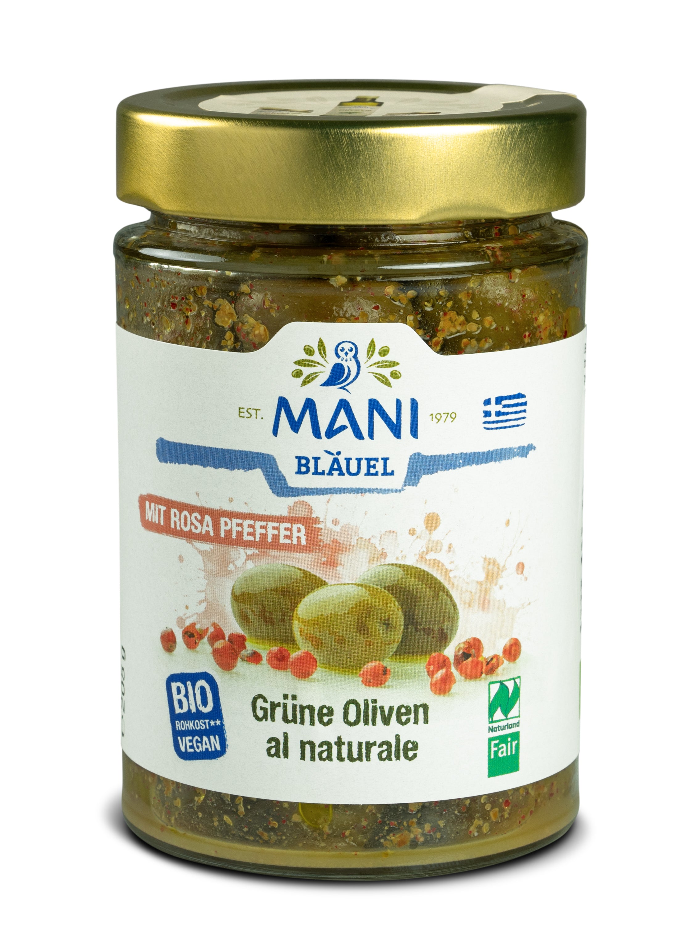 Grüne Oliven al naturale mit rosa Pfeffer 205 g