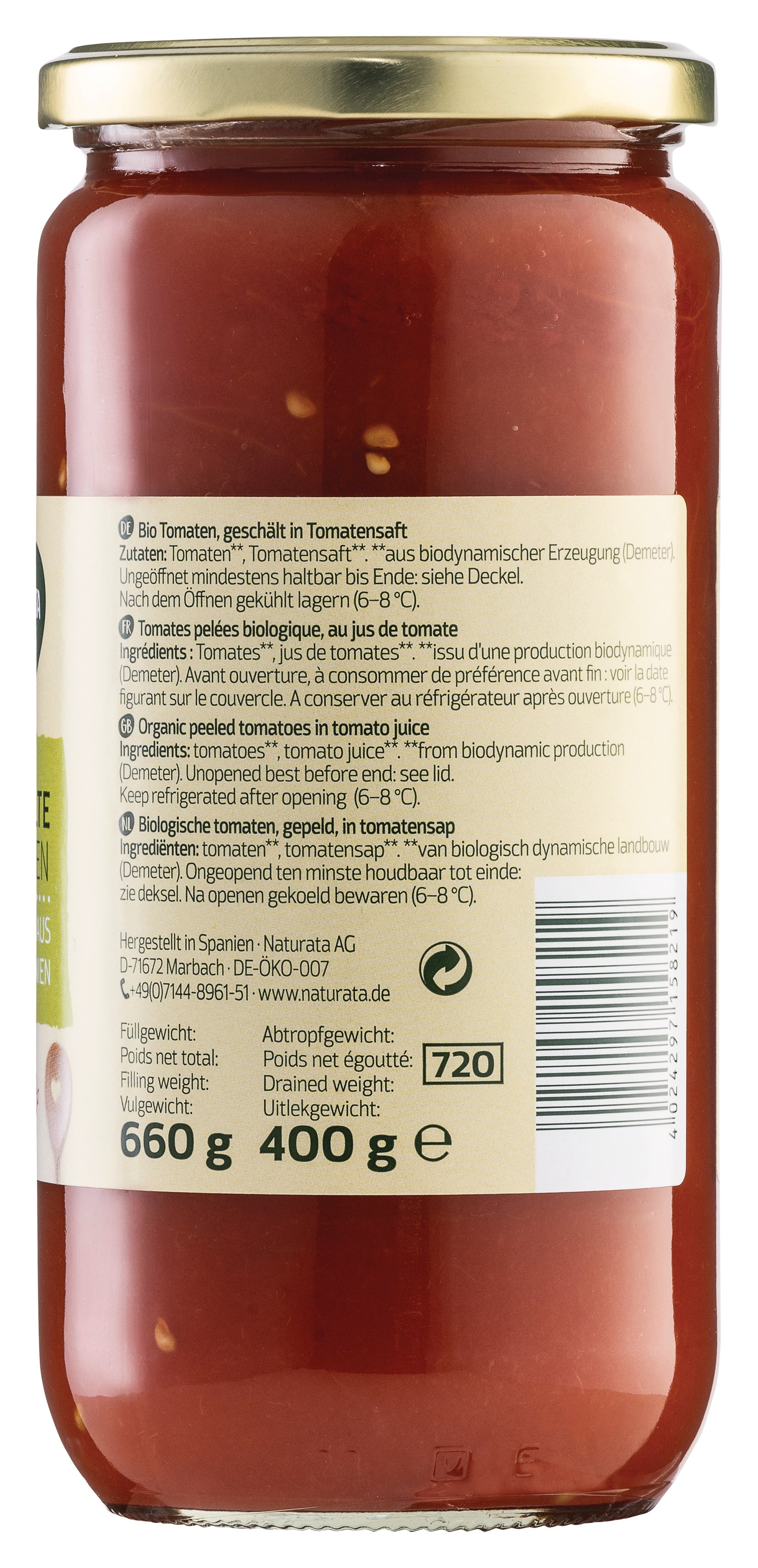 Tomaten geschält in Tomatensaft demeter 660 g