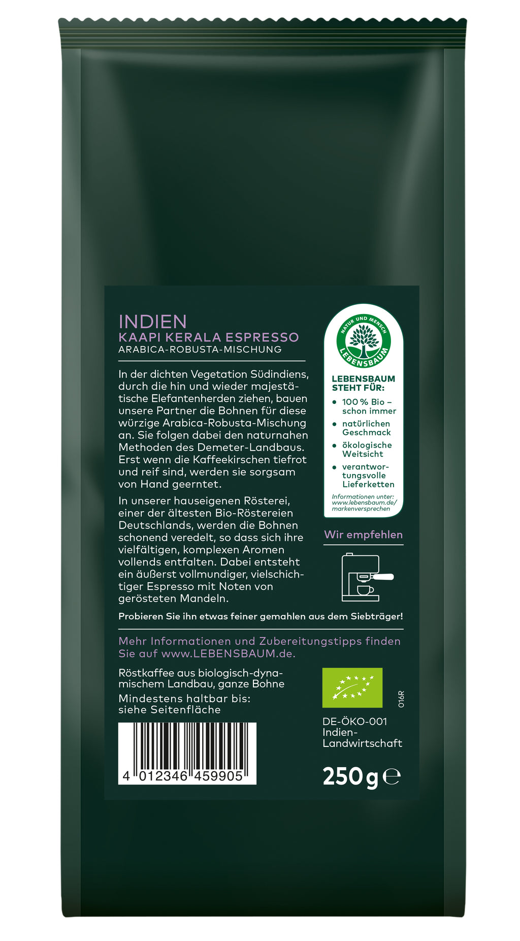 Indien Kaapi Kerala Espresso Bohne demeter 250 g
