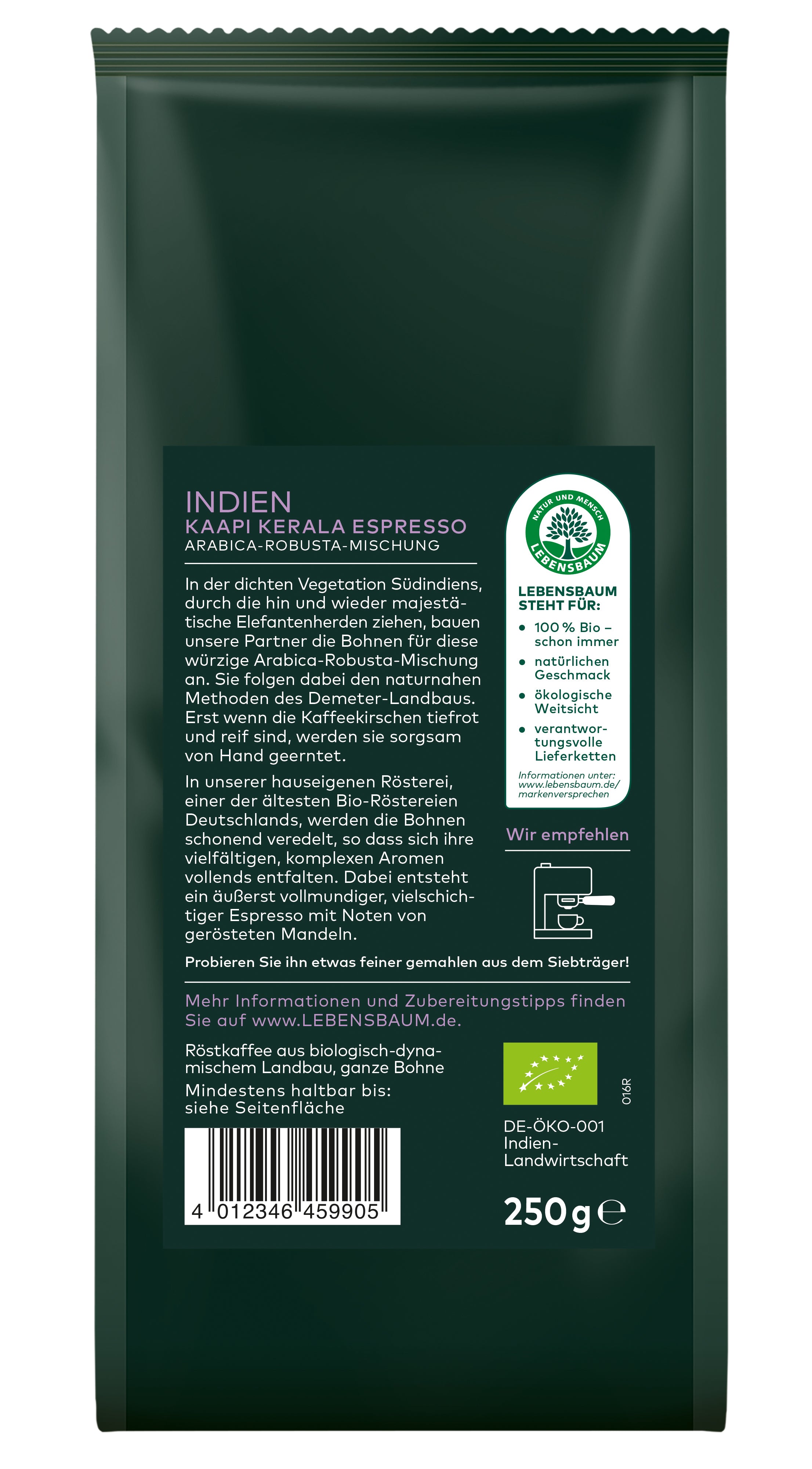 Indien Kaapi Kerala Espresso Bohne demeter 250 g