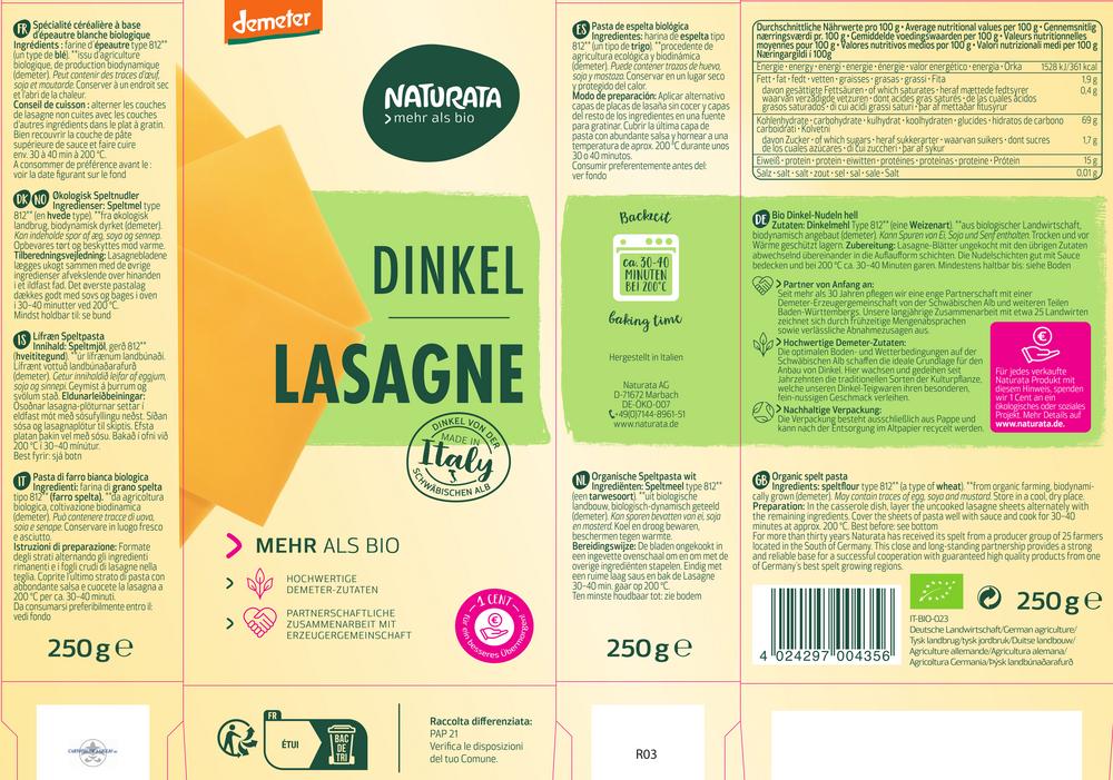 Lasagne Dinkel-hell demeter 250 g